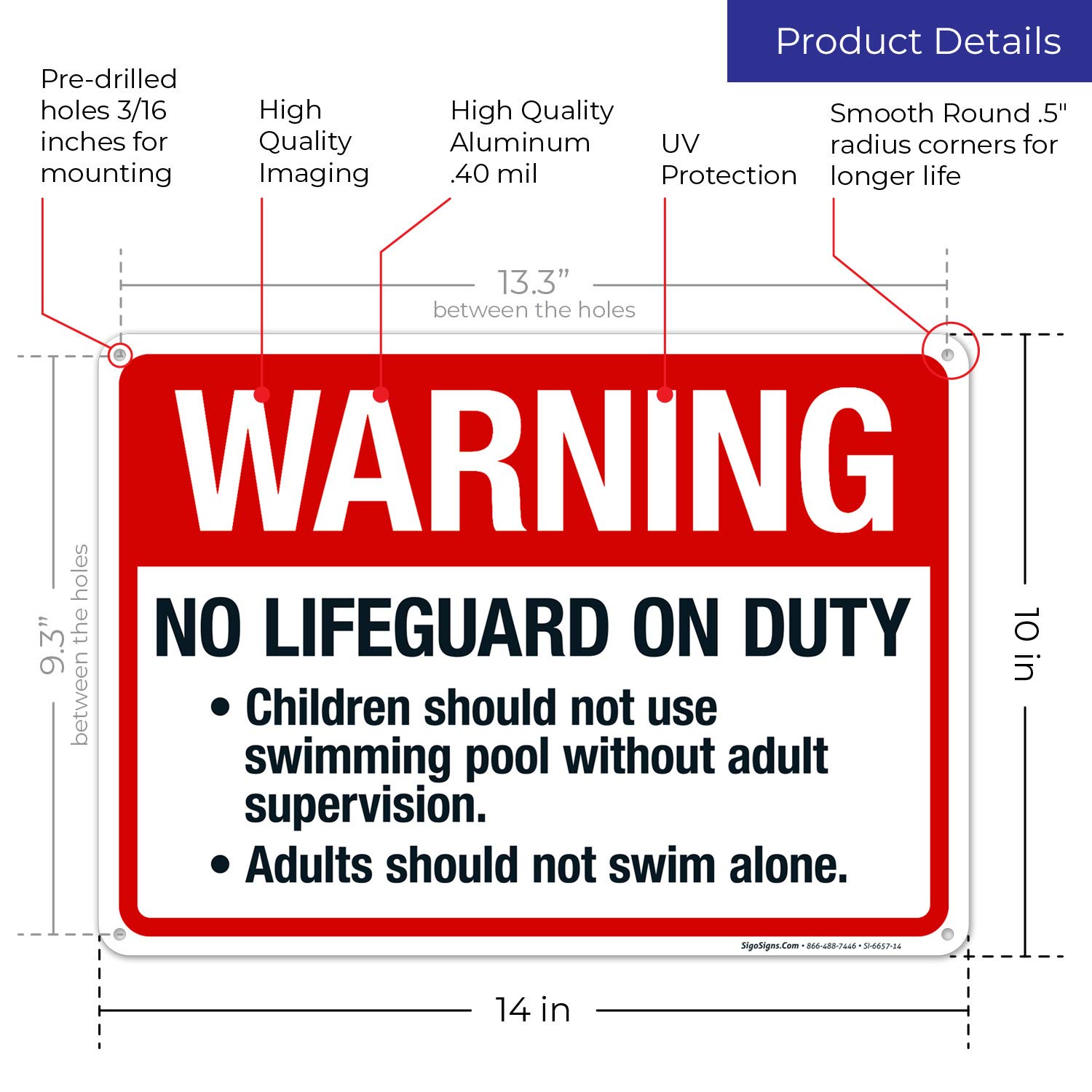 No Lifeguard On Duty Sign - 10x14 Inches Rust-Free .040 Aluminum Pool Safety Sign, Fade Resistant for Indoor/Outdoor Use - Made in USA | Perfect for Swimming Pools, Water Parks & Backyard Safety