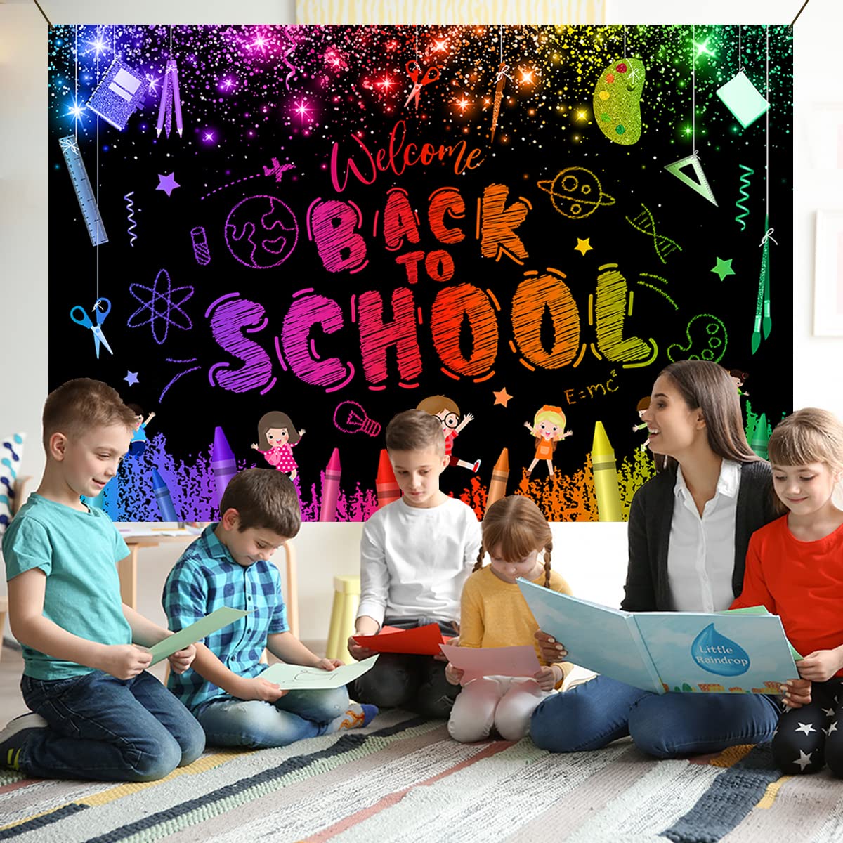 Welcome Back to School Backdrop - First Day of School Decorations for Preschool & Kindergarten Classroom | Black Background Banner for School Photos, Bulletin Boards & Classroom Parties