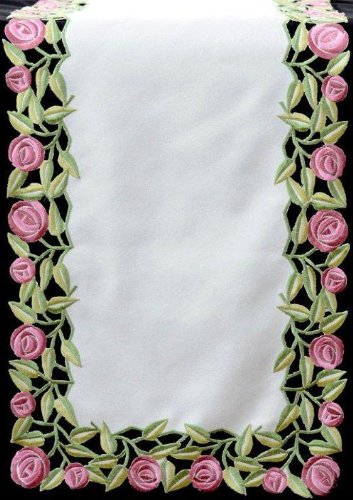 Justina Claire Small Table Runner - Rennie Mack Pink Rose Design for Dining Room Decor, Wedding Table Setting, and Home Decoration