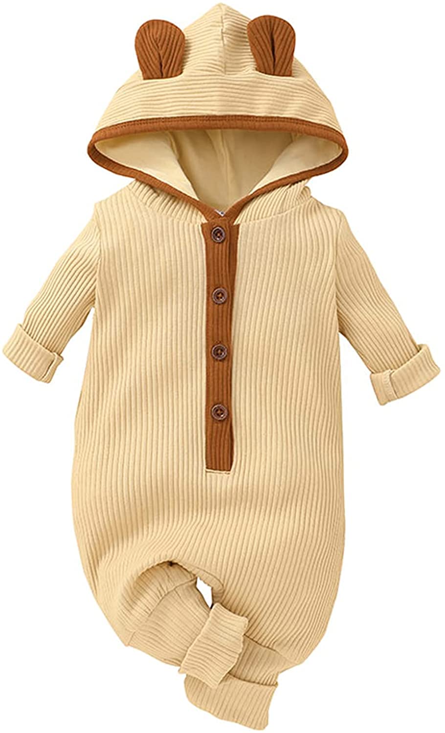 Twopumpkin Baby Hooded Romper - Knitted Long Sleeve Jumpsuit for Newborn Boys & Girls | Fall Winter Outfit | Ribbed Cute Clothes for Photo Shoots, Family Gatherings & Daily Wear