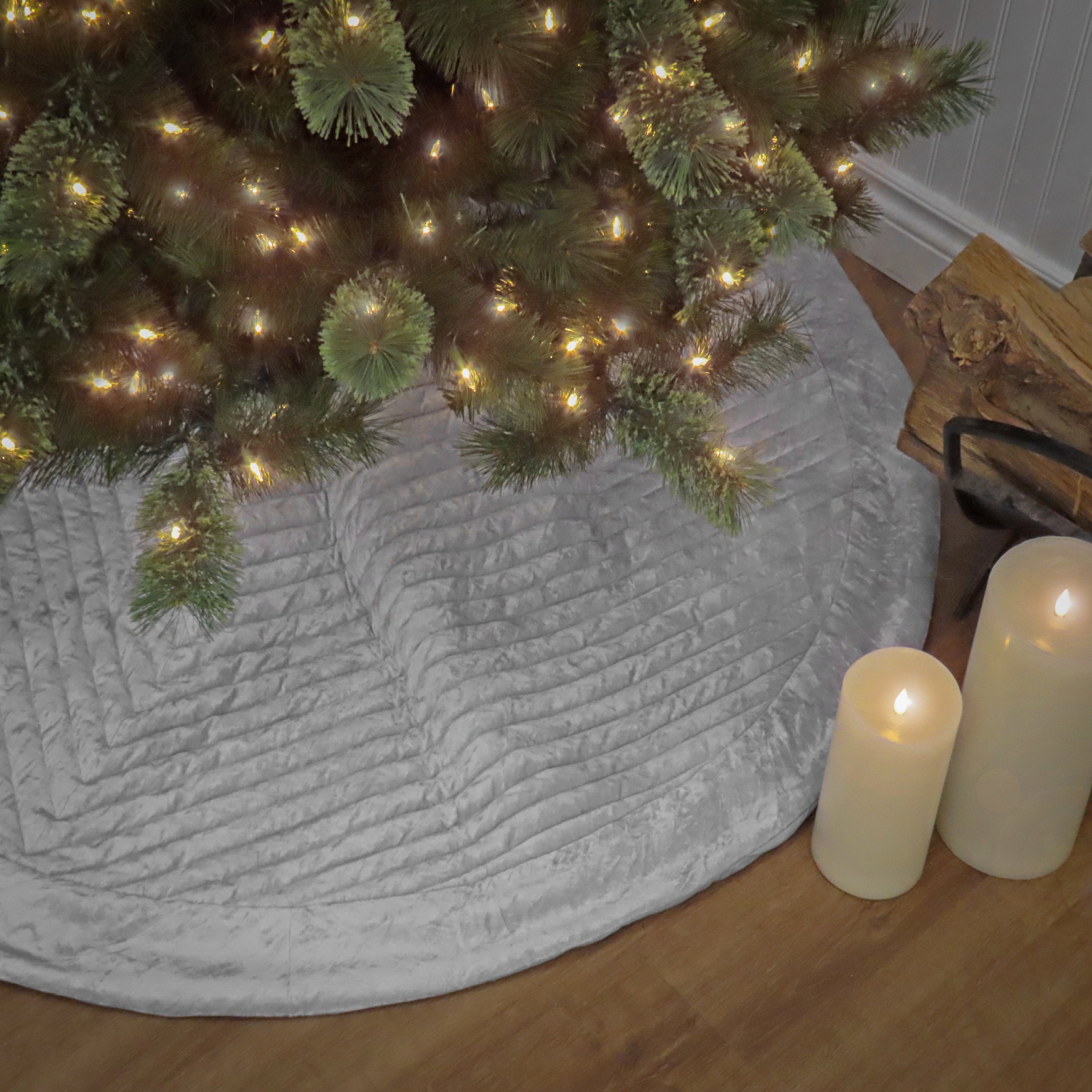 60 Inch HGTV Home Collection Quilted Velvet Christmas Tree Skirt - Silver | Elegant Holiday Decor for Festive Tree Display