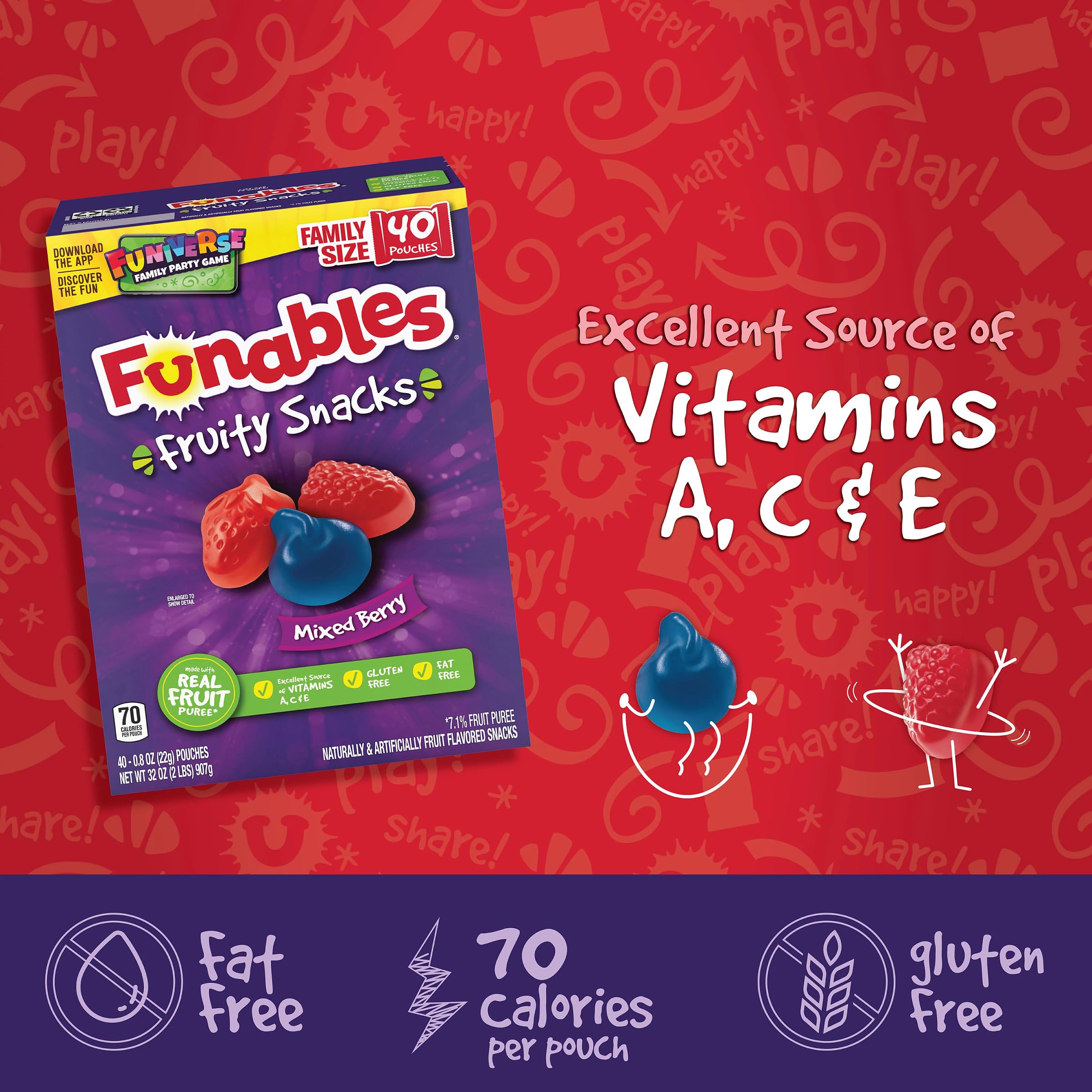Funables Mixed Berry Flavored Fruit Snacks - 40 Count (32 oz) | Healthy Kids Snacks for Lunch Boxes, School, Travel & On-the-Go