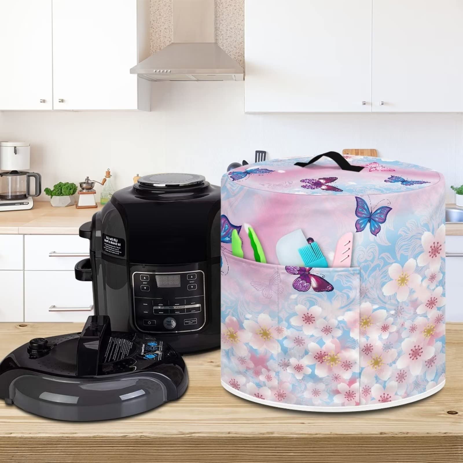 Cherry Blossom & Butterfly Print Appliance Cover - Dust Protection for 8 Quart Electric Pressure Cooker, Rice Cooker, Air Fryer & Crock Pot - Machine Washable - Perfect for Kitchen Organization & Countertop Protection