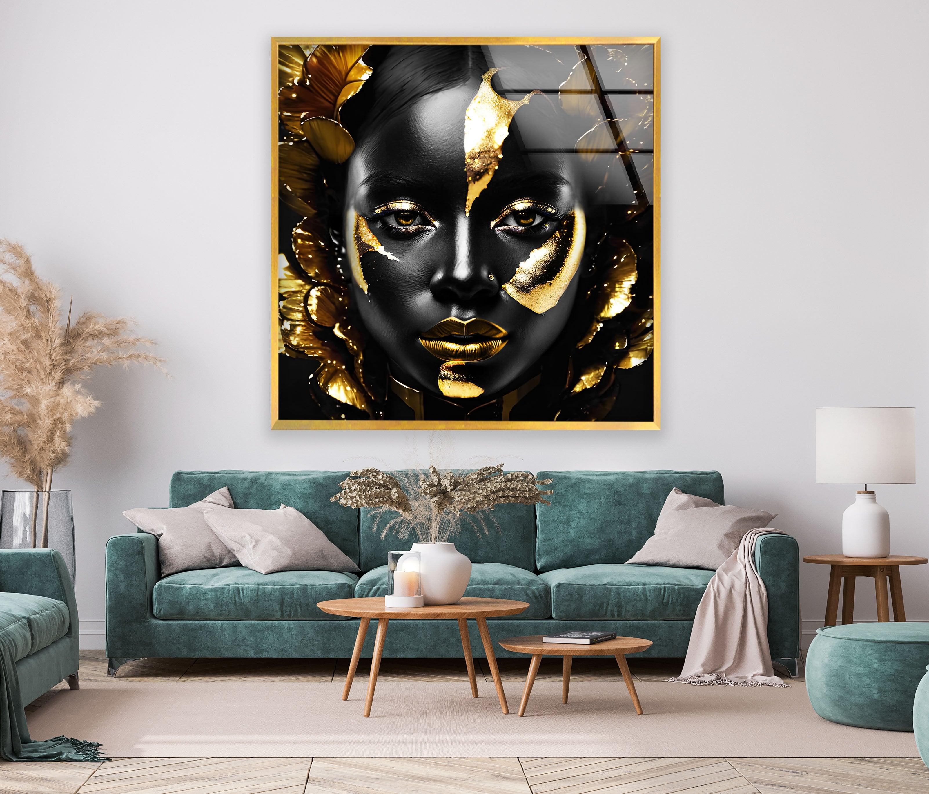 Elegant Black Woman Gold Face Glass Wall Art - Modern Home Decor for Living Room, Bedroom & Office