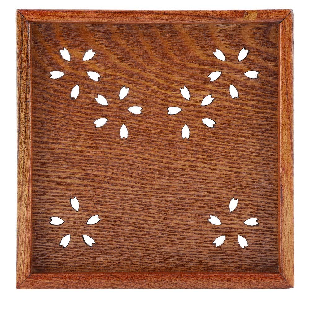 Solid Wood Tea Serving Tray with Sakura Openwork Carving - 18x18cm Elegant Wooden Snack Plate for Tea Sets, Fruits, and Desserts | Perfect for Home, Hotel, and Japanese Tea Ceremony Decor