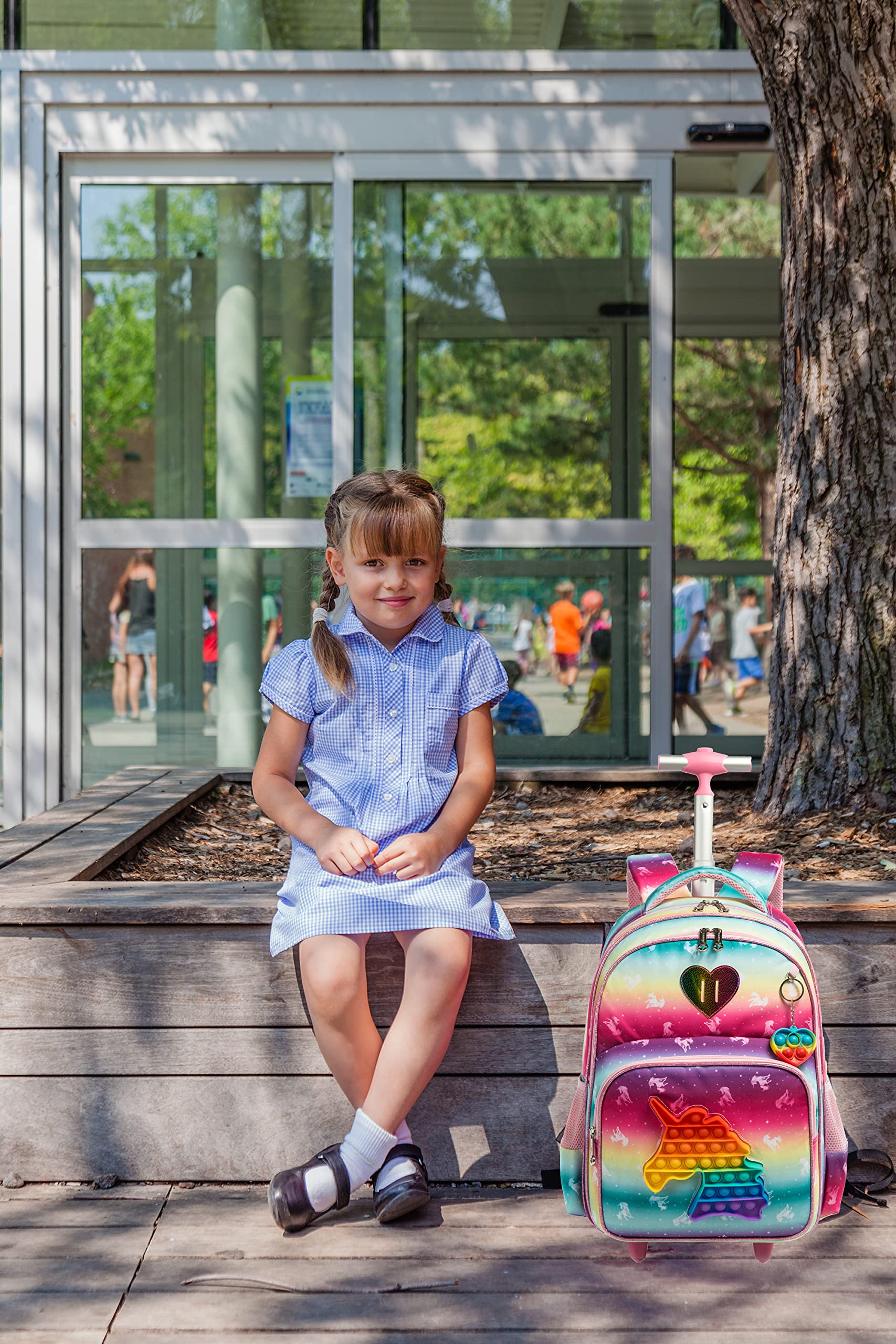Meetbelify Unicorn Rolling Backpack for Girls - Wheeled School Backpack with Lunch Box & Pencil Case for Elementary Students - Perfect for Travel, School Trips & Daily Commute