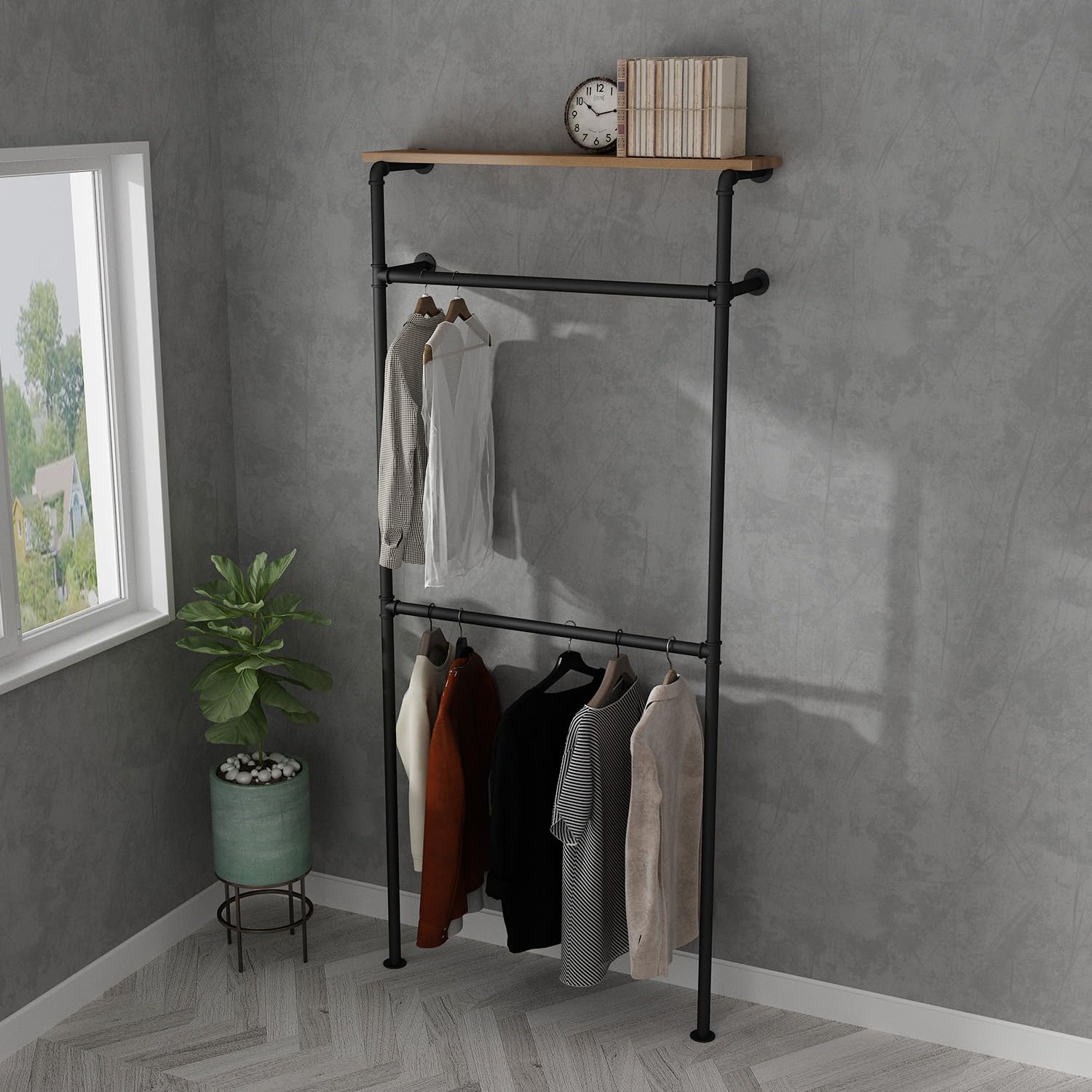 Industrial Pipe Clothing Rack - Heavy Duty Wall Mounted Garment Rack for Wardrobe, Bedroom & Walk-In Closet | Sturdy Black Metal Clothes Hanging System | Perfect for Home Organization & Commercial Use