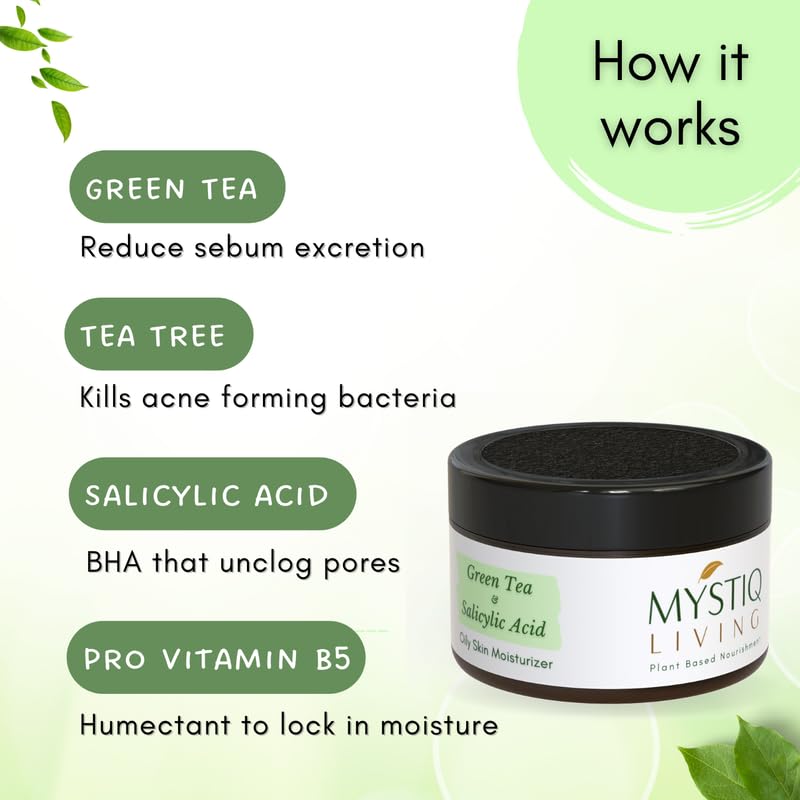 Mystiq Living Green Tea Clarity Gel Cream with 2% Salicylic Acid for Acne Treatment, Pimple & Scar Removal - 50g | Oil-Free Moisturizer for Oily & Acne-Prone Skin | Day & Night Clarifying Gel | Perfect for Daily Skincare Routine & Post-Breakout Recovery