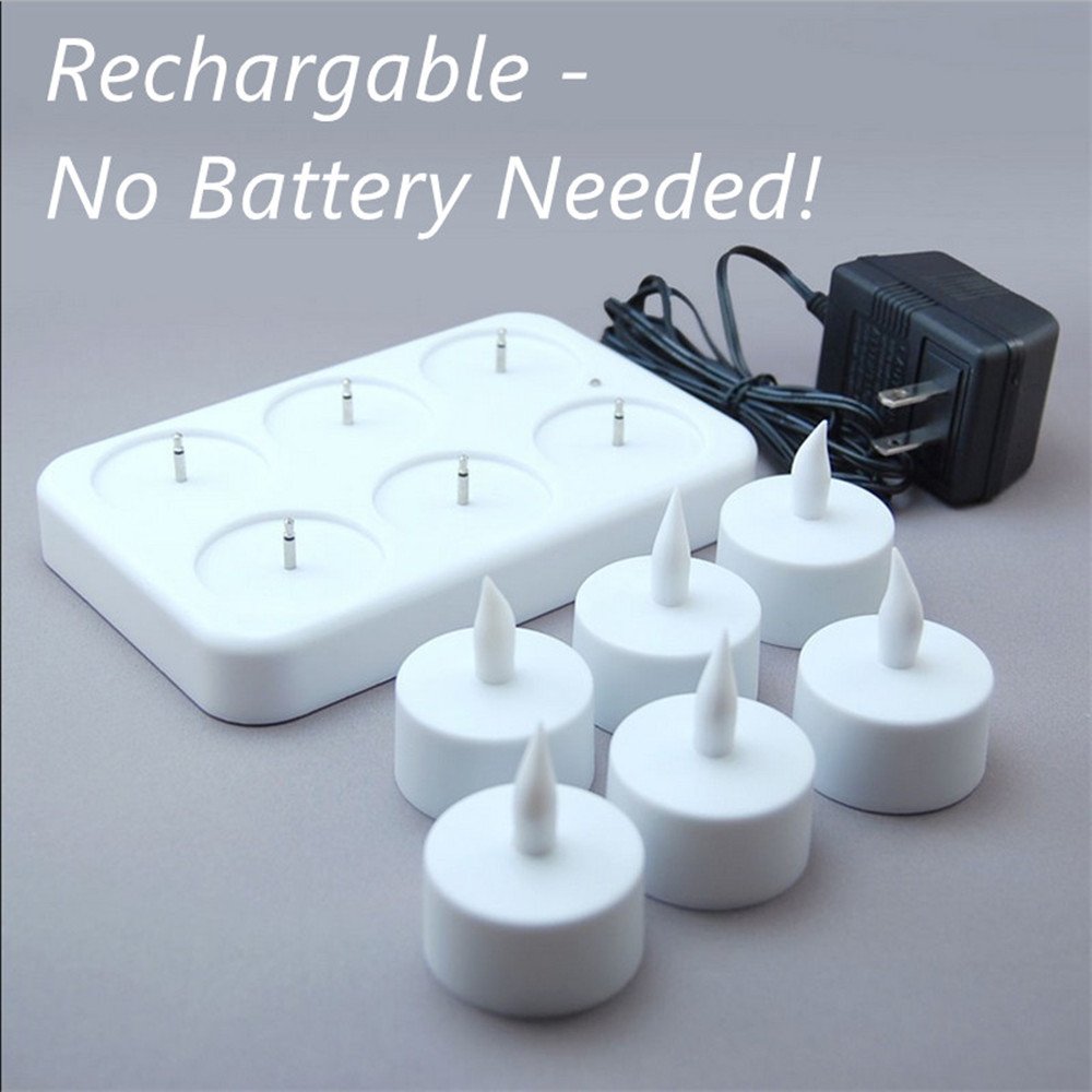 Rechargeable Flameless LED Tea Light Candles - 6 Pack White Electric Votive Lights with Frosted Holders & USB Charging Base | Battery-Free, Safe for Home Decor, Weddings, Parties & Romantic Ambiance