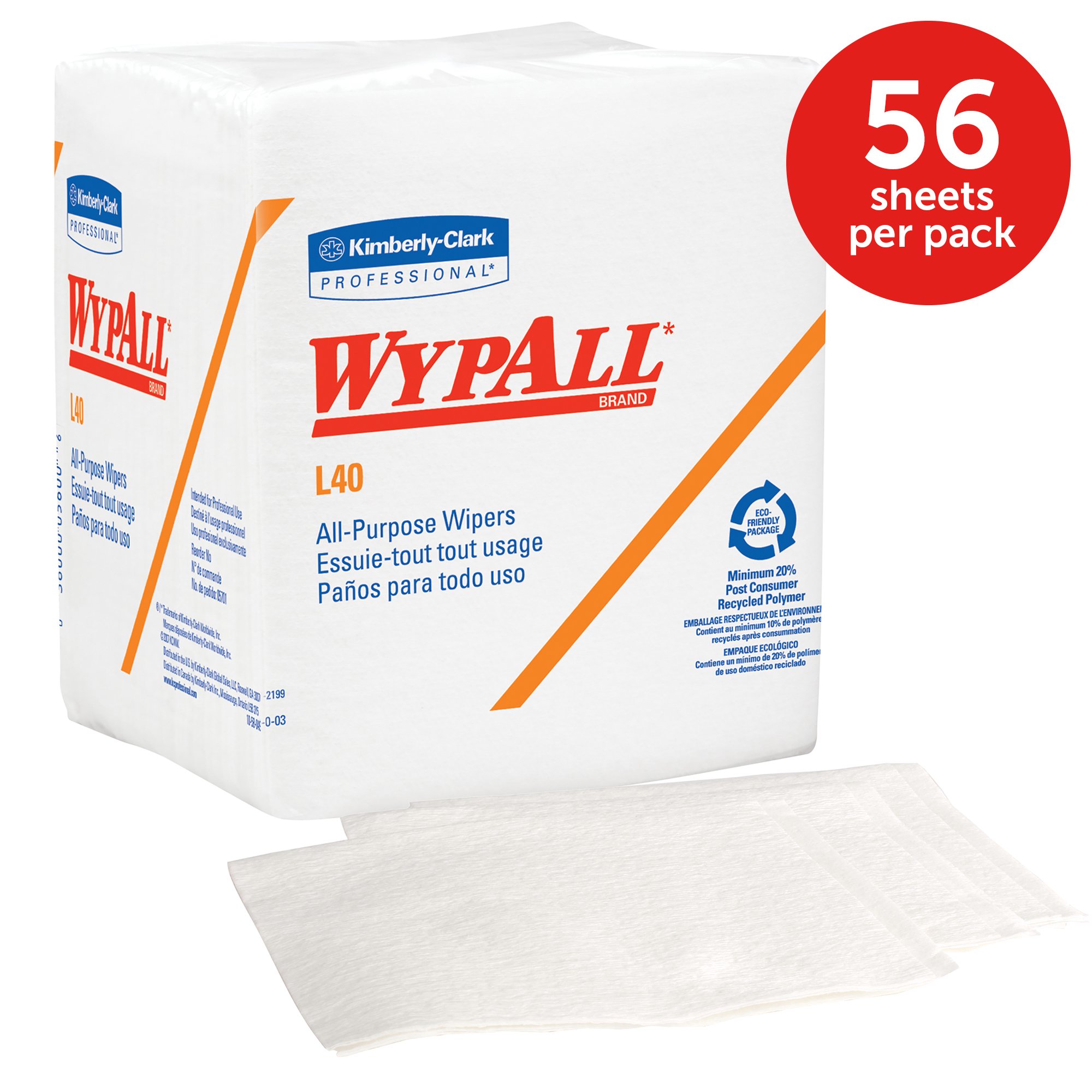 Kimberly-Clark WypAll L40 Disposable Cleaning Towels - White, 12 Packs (56 Sheets Each) - 672 Total Sheets - Industrial & Household Cleaning Wipes for Workshops, Kitchens & Garages
