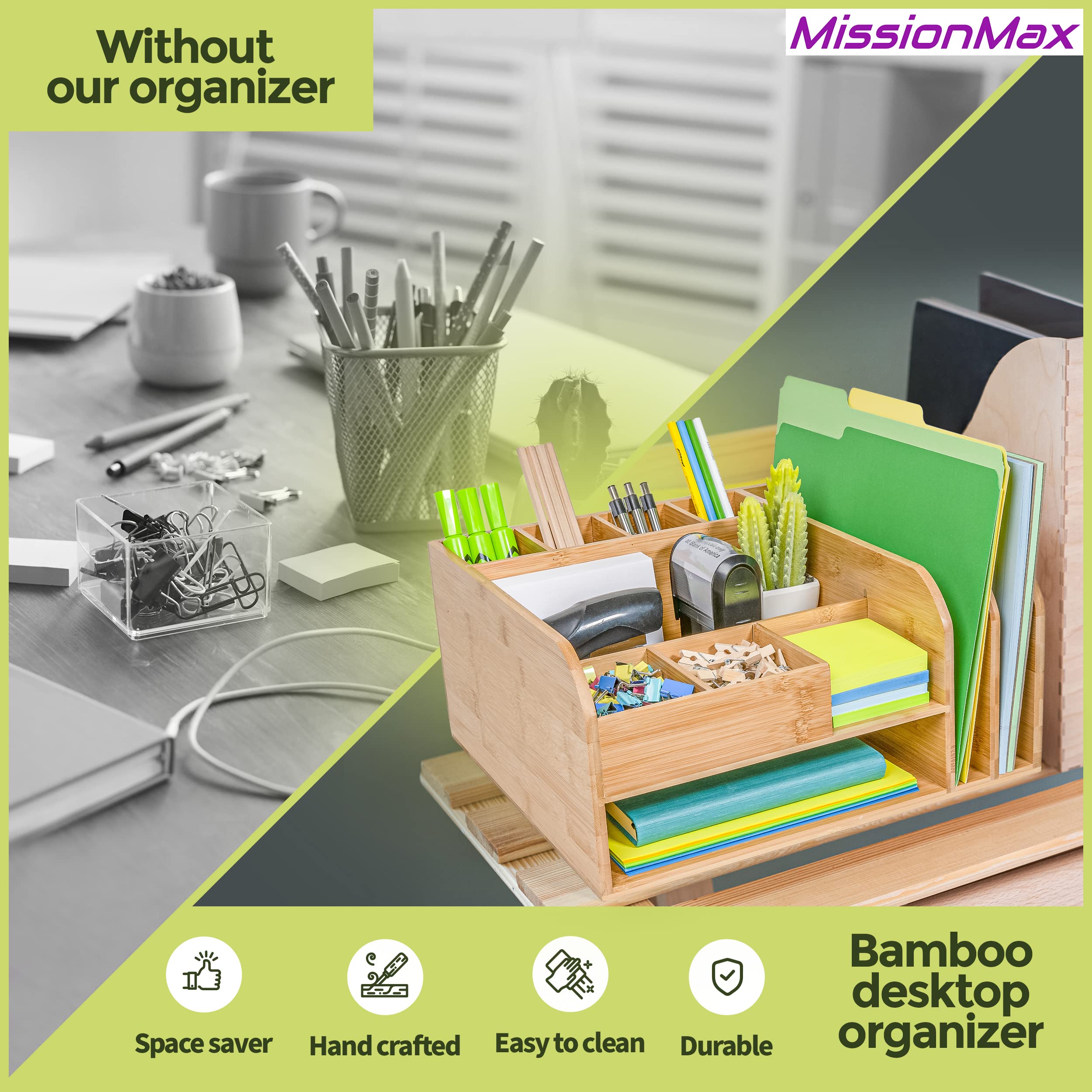 Bamboo Desk Organizer with Upright File Holders - Fully Assembled Office & Home Storage Solution for Pens, Papers & Supplies | Perfect for Workspace, Study & Classroom Organization