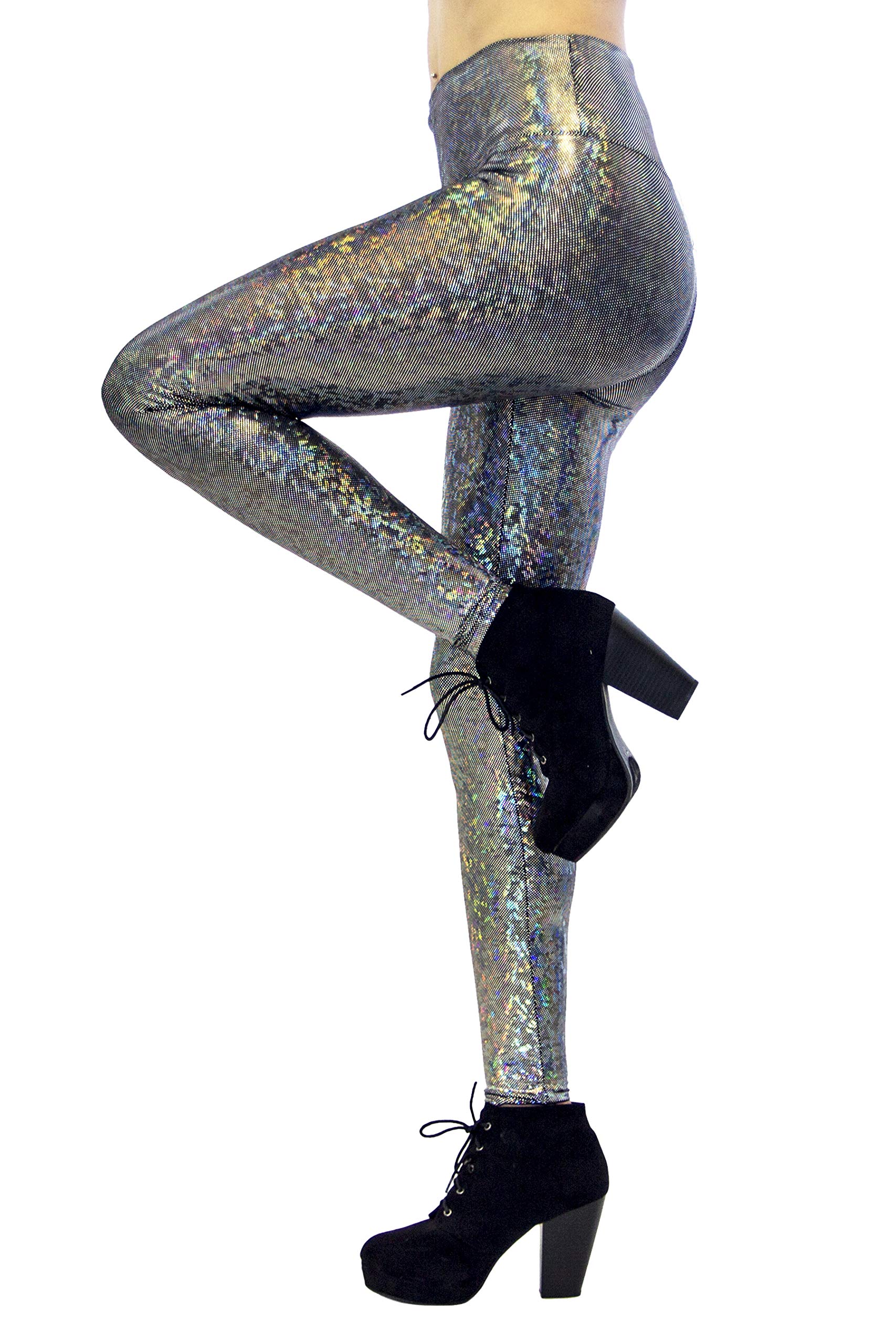 Women's Holographic Leggings - Iridescent Disco Yoga Pants with High Waist & Stretchy Fabric | Trendy Festival Outfit for Raves, Concerts & Dance Parties | Made in USA