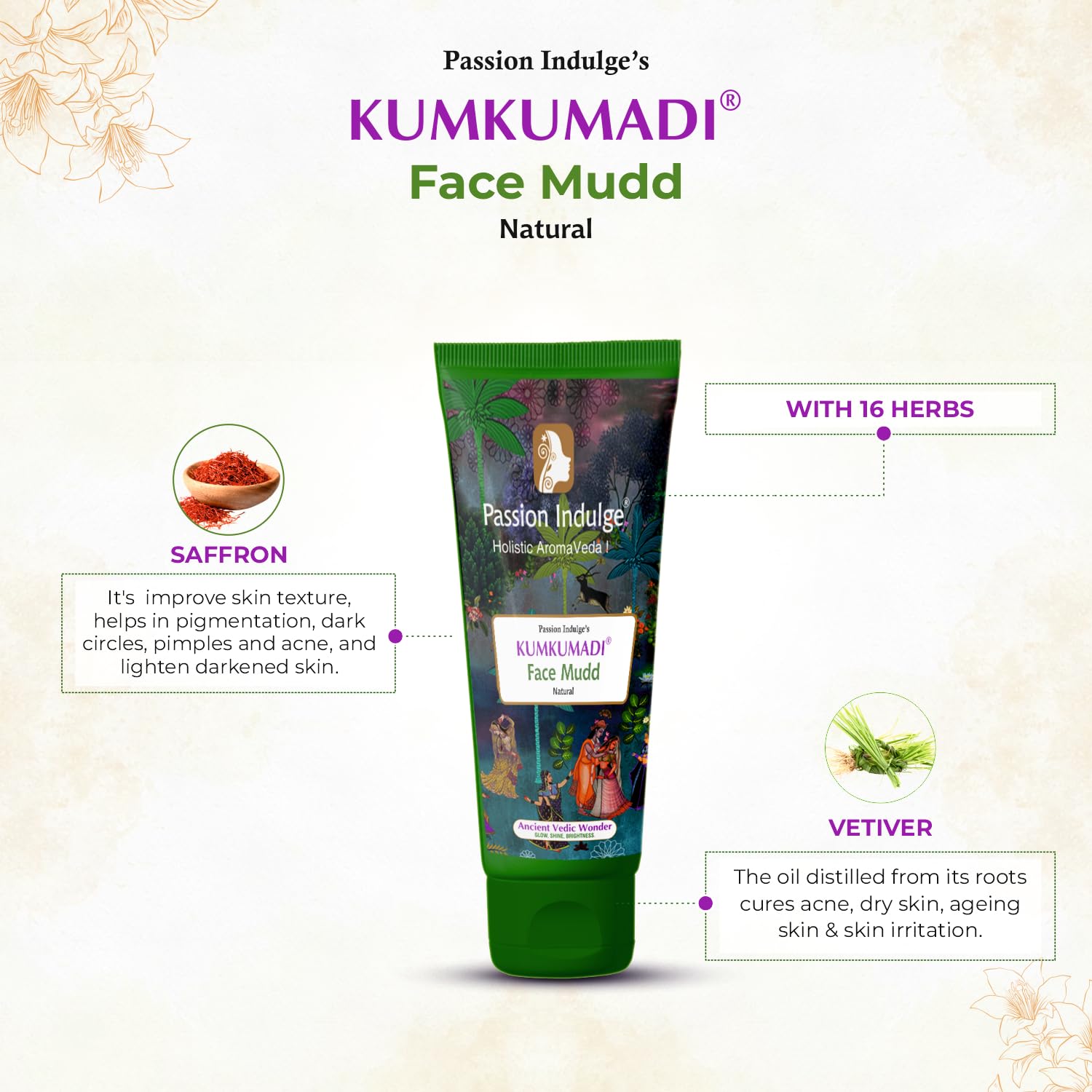 Kumkumadi Natural Face Mud Mask - Anti-Aging & Brightening Treatment with Saffron, Vetiver Oil & 16 Herbs for All Skin Types | Unisex Glow & Radiance Booster | Perfect for Daily Skincare & Spa Nights - 100g
