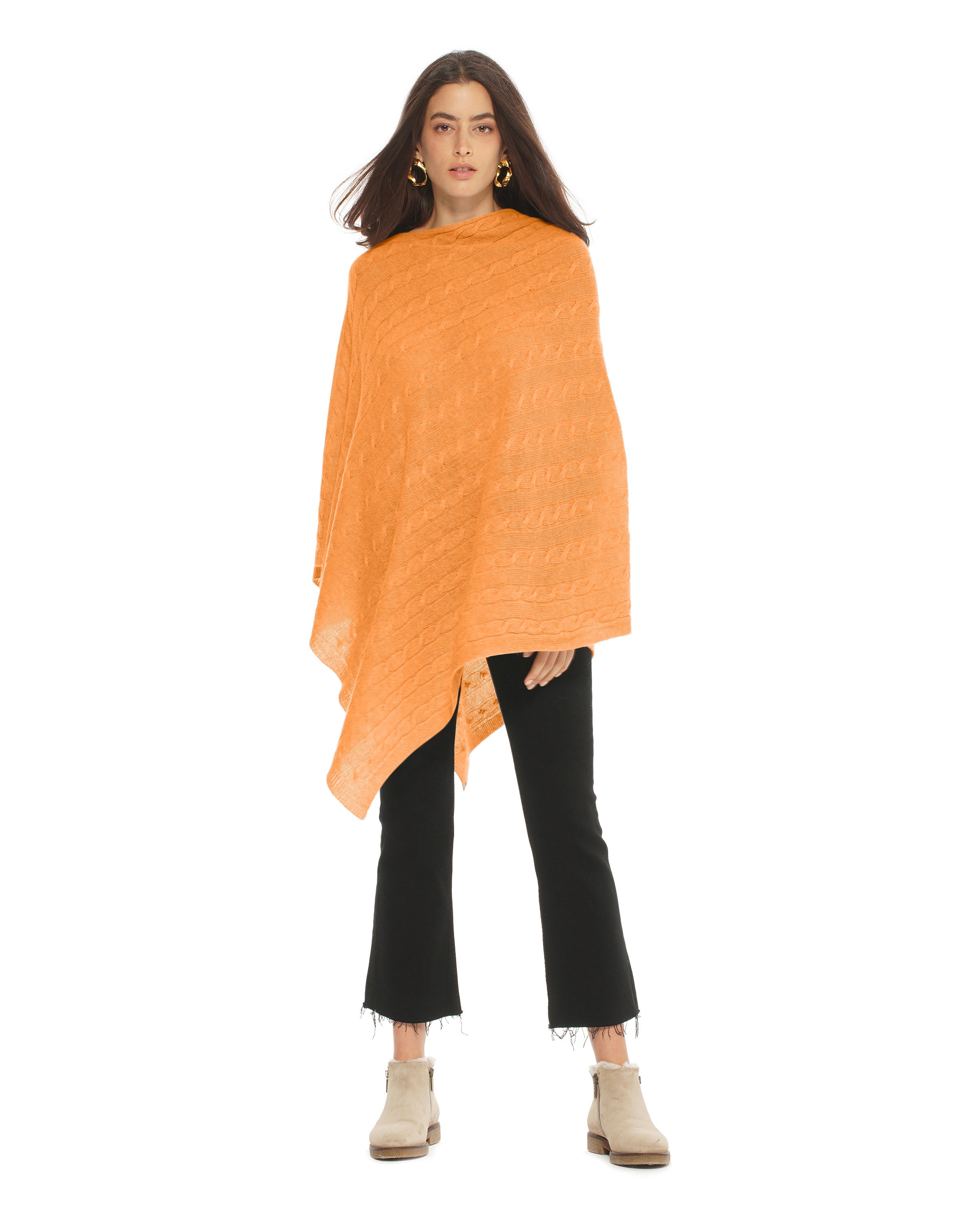 Luxury Women's Pure Cashmere Cable Knit Poncho Shawl - Soft Warm Winter Wrap Scarf (Orange) | Perfect for Fall Winter Outfits, Office Wear & Holiday Gifts