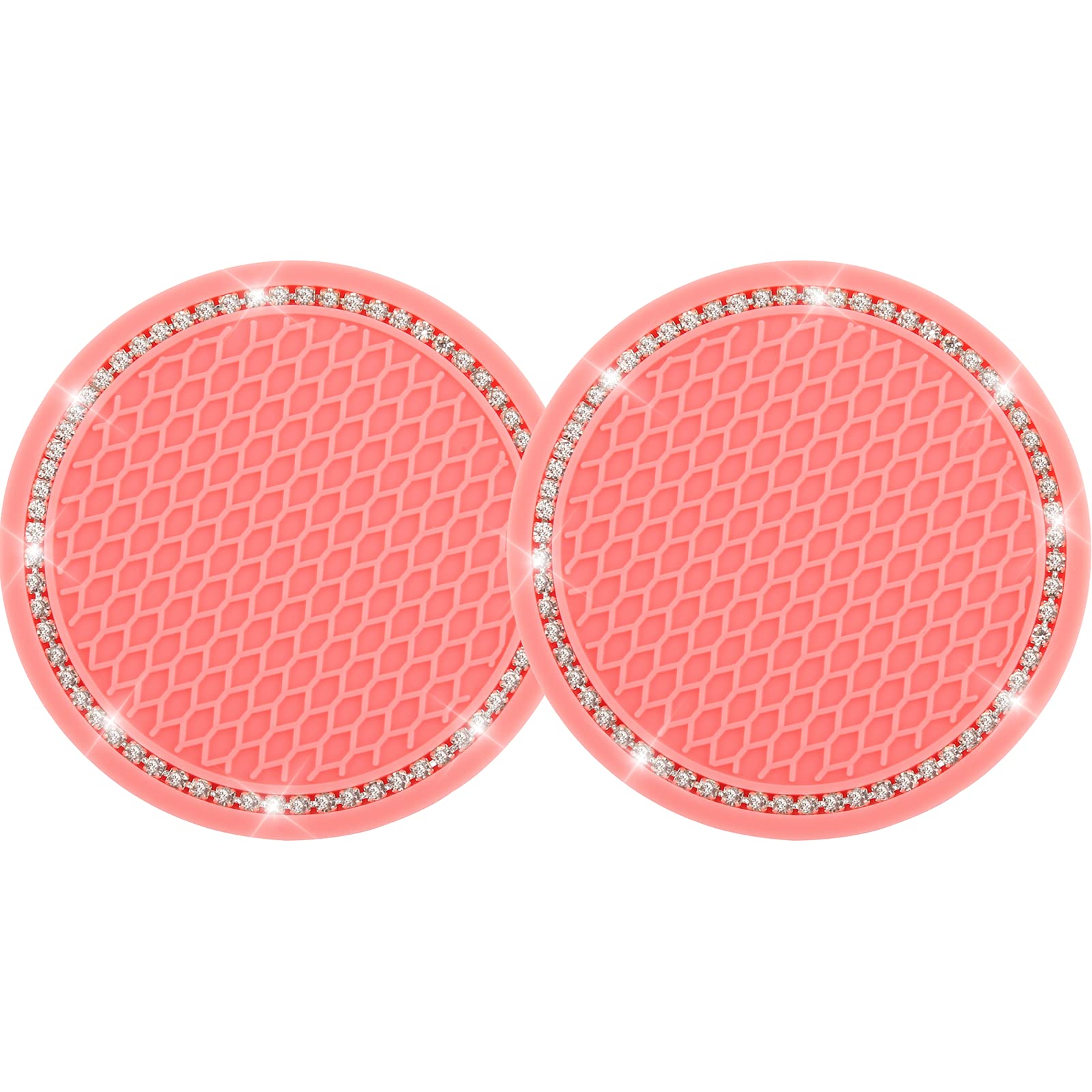 2PCS Rhinestone Non-Slip Silicone Car Cup Coasters - Universal Vehicle Cup Holder Insert for Most Cars - Sparkling Bling Accessories for Women (Cutie Pink) - Perfect for Road Trips, Commuting & Stylish Car Decor