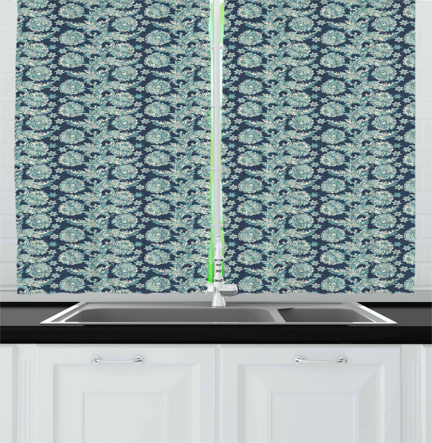 Ambesonne Ethnic Long Kitchen Curtains - Blossoming Flowers Design Inspired by Oriental Folklore, 2 Panel Rod Pocket Drapes for Windows (55x45 Inches) - Dark Teal Pale Blue Ivory Room Decor | Perfect for Farmhouse, Boho & Vintage Style Kitchens