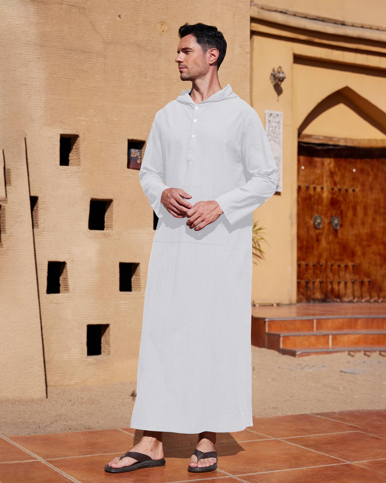 YAOHUOLE Men's Long Sleeve Kaftan Thobe - Big & Tall Muslim Hooded Robe for Prayer, Lounge & Special Occasions