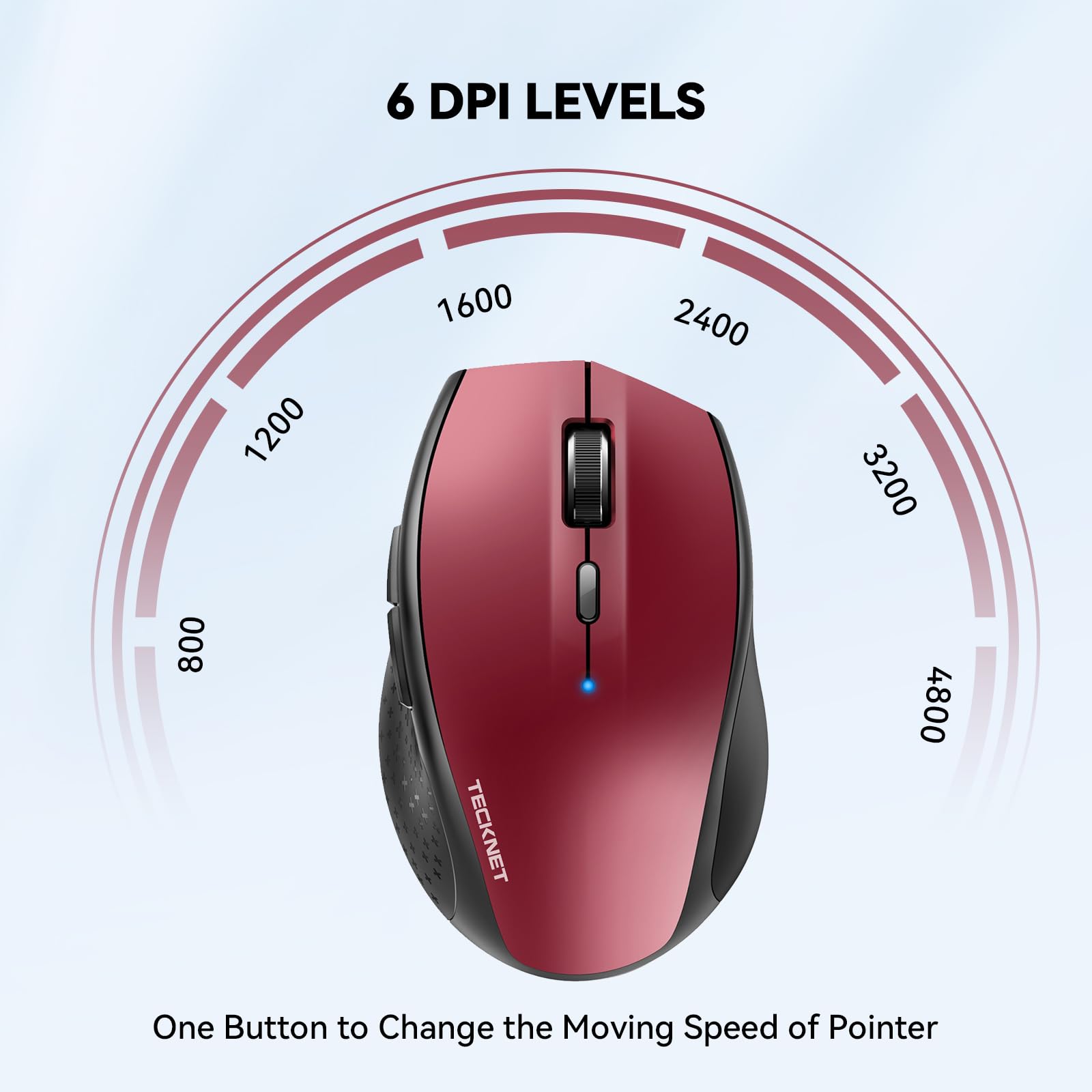 TECKNET Wireless Bluetooth Mouse - 4800 DPI Adjustable Computer Mouse with 24-Month Battery Life, 6 Buttons for iPad Pro/Laptop/Surface Pro/Windows/Chromebook (Red) - Perfect for Office Work, Gaming & Travel Use