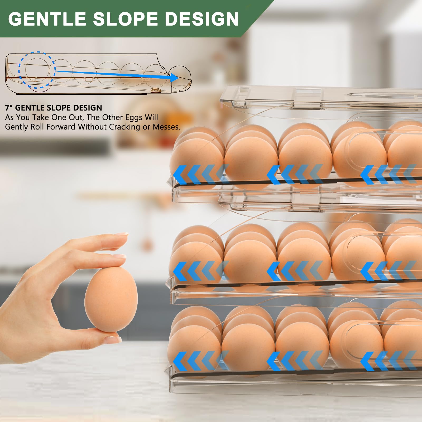 3-Tier Rolling Egg Holder for Refrigerator - 54 Large Capacity Egg Storage Container with Lid - Space Saving Kitchen Organizer for Eggs - Perfect for Fridge, Pantry, and Breakfast Meal Prep