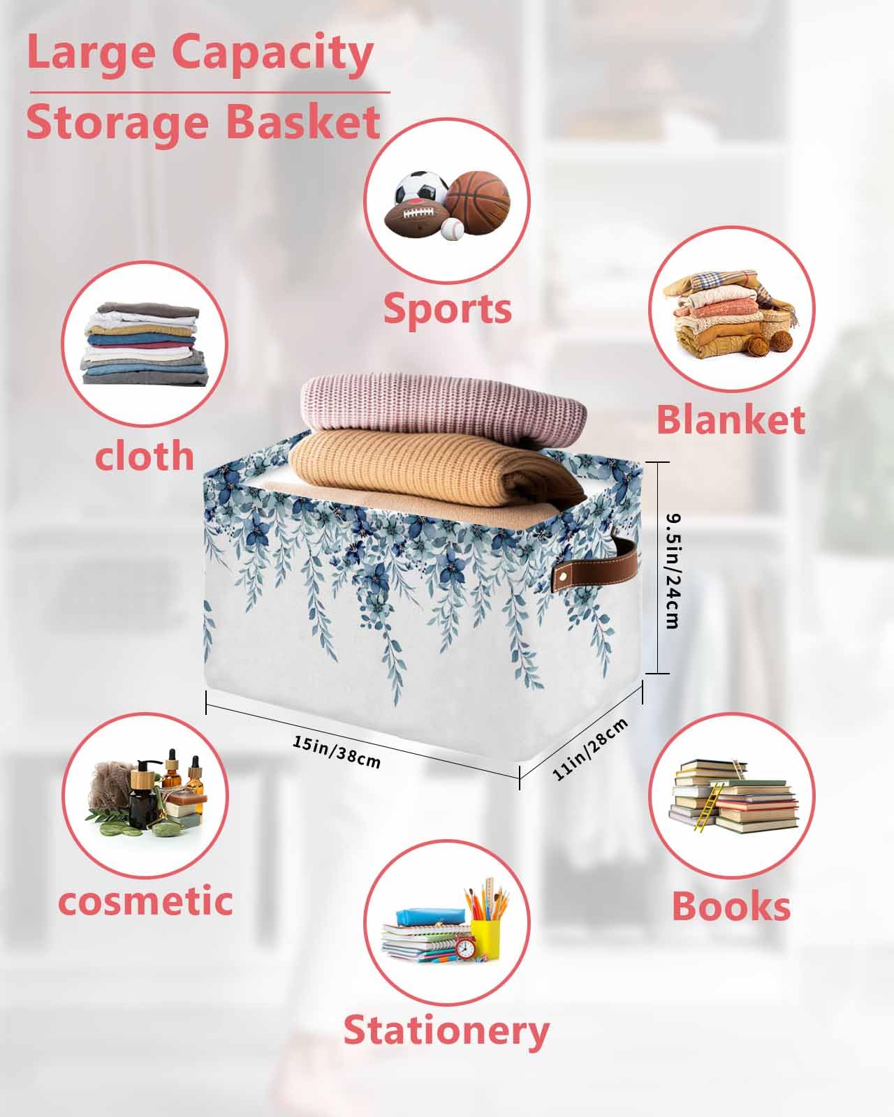 Blue Eucalyptus Leaves Cube Storage Organizer Bins with Handles - 15x11x9.5 Inch Collapsible Canvas Fabric Storage Basket for Books, Toys & Closet Organization - Decorative Weeping Blossom Vine Leaves Design - Perfect for Home, Office & Nursery (1 Pack)