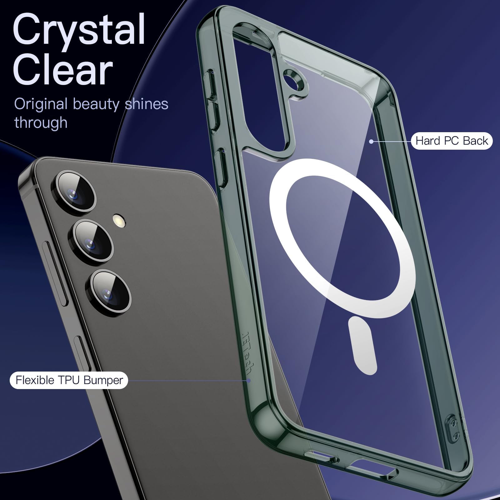 JETech Magnetic Case for Samsung Galaxy S24+ / S24 Plus 5G - Magsafe Compatible, Shockproof Protective Phone Cover with Non-Yellowing Hard Clear PC Back (Green) | Perfect for Work, Travel & Everyday Use
