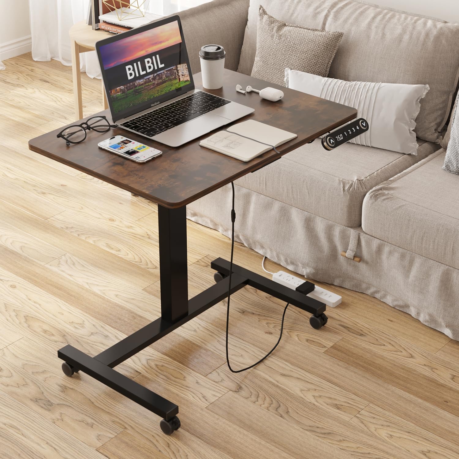 BilBil Electric Standing Desk with Lockable Wheels - 32x24 Inch Height Adjustable Sit to Stand Workstation, Mobile Rolling Computer Desk for Home Office, Overbed Laptop Table, Portable Workstation (Rustic Brown) | Perfect for Small Spaces, Remote Work & Bedroom Office Setup