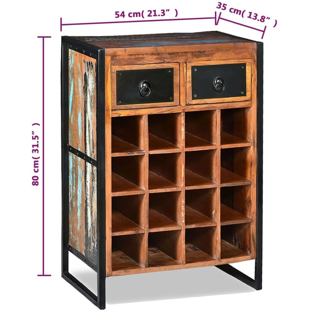 Industrial Wine Rack 16 Bottles Capacity with 2 Pull-Out Drawers - Solid Reclaimed Wood Rustic Bar Cart for Kitchen, Dining Room or Wine Cellar - 21.2