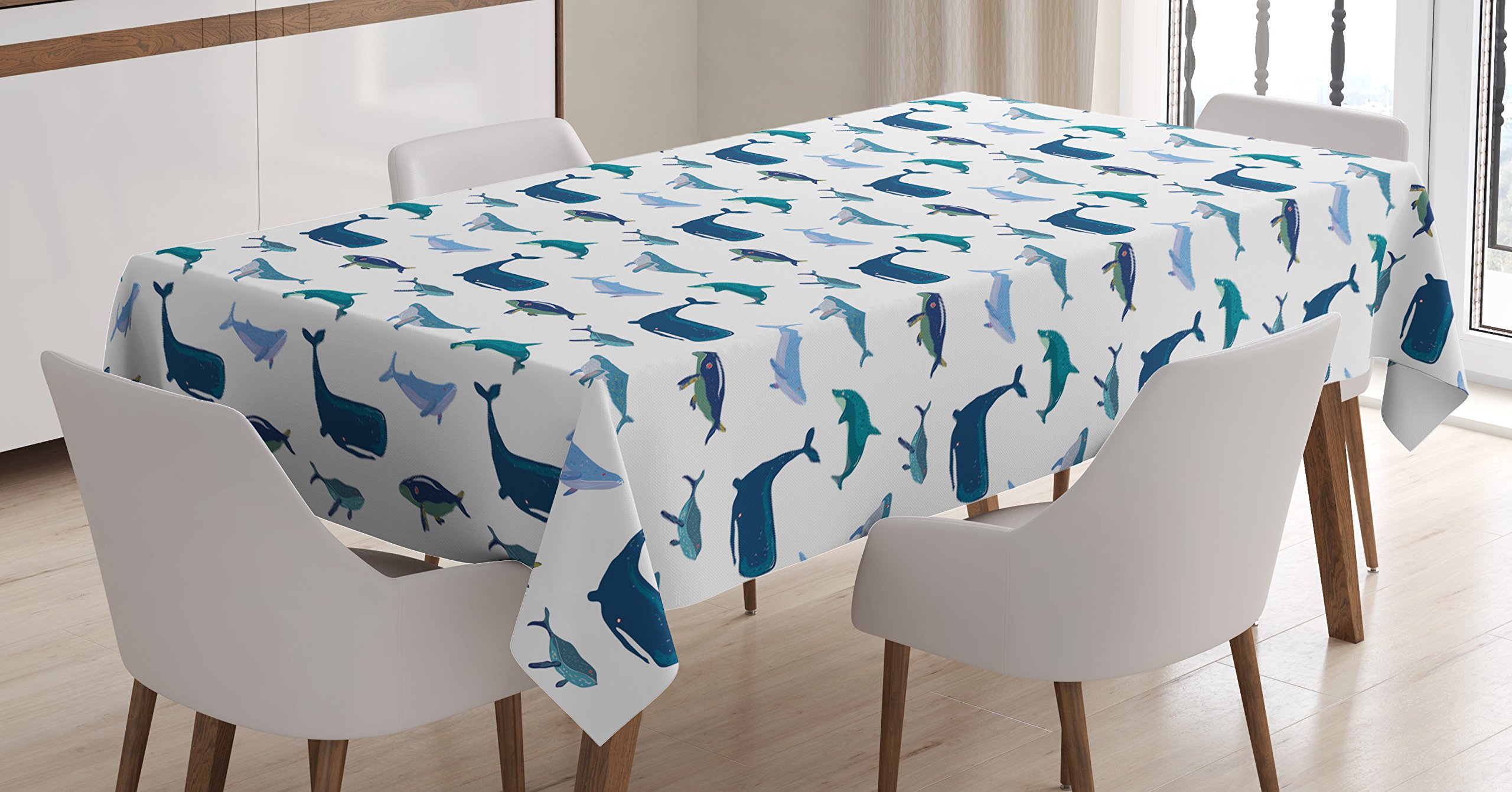 Ambesonne Hand Drawn Whale Tablecloth - Nautical Themed Rectangular Table Cover 60x90 Inches, Teal Dark Blue White - Perfect for Dining Room & Kitchen Decor | Ideal for Beach House, Ocean Theme Parties & Coastal Home Decor