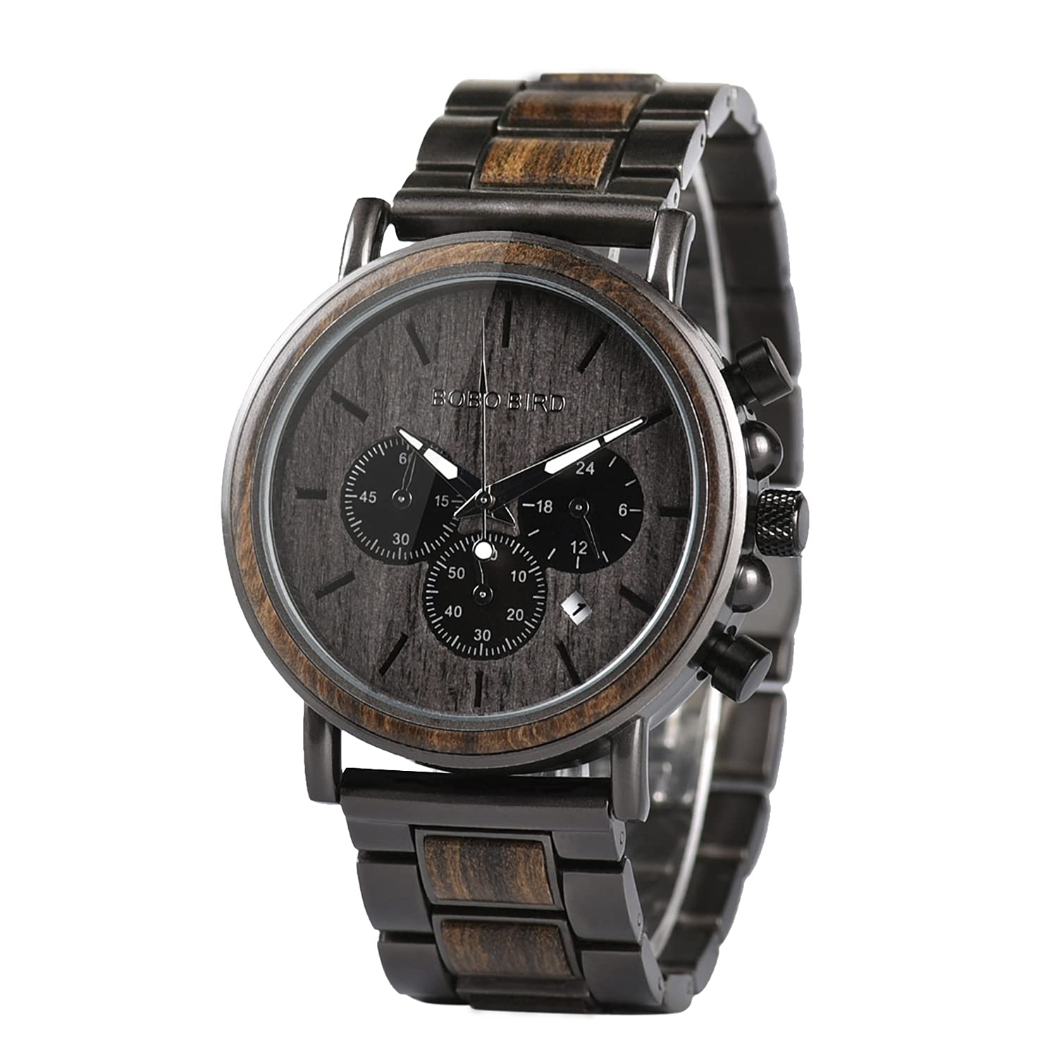 BOBO BIRD Men's Wooden Watches - Wood & Stainless Steel Chronograph Military Quartz Watch for Casual Wear - Perfect for Outdoor Adventures, Business Meetings and Everyday Fashion