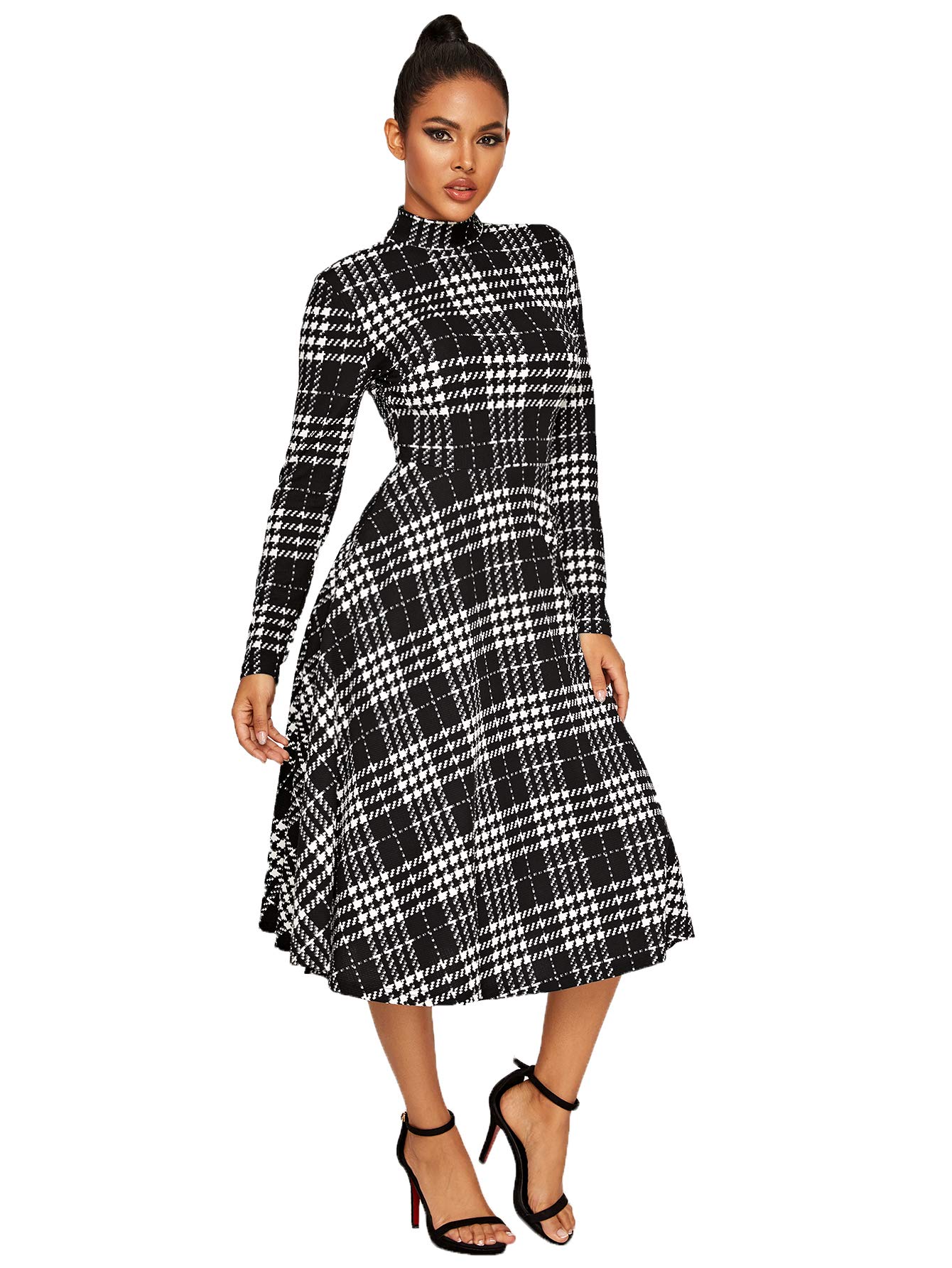 Floerns Women's High Neck Plaid Fit and Flare Midi Dress - Elegant A-Line Flowy Dress for Office, Party & Date Night | Plus Size Options Available