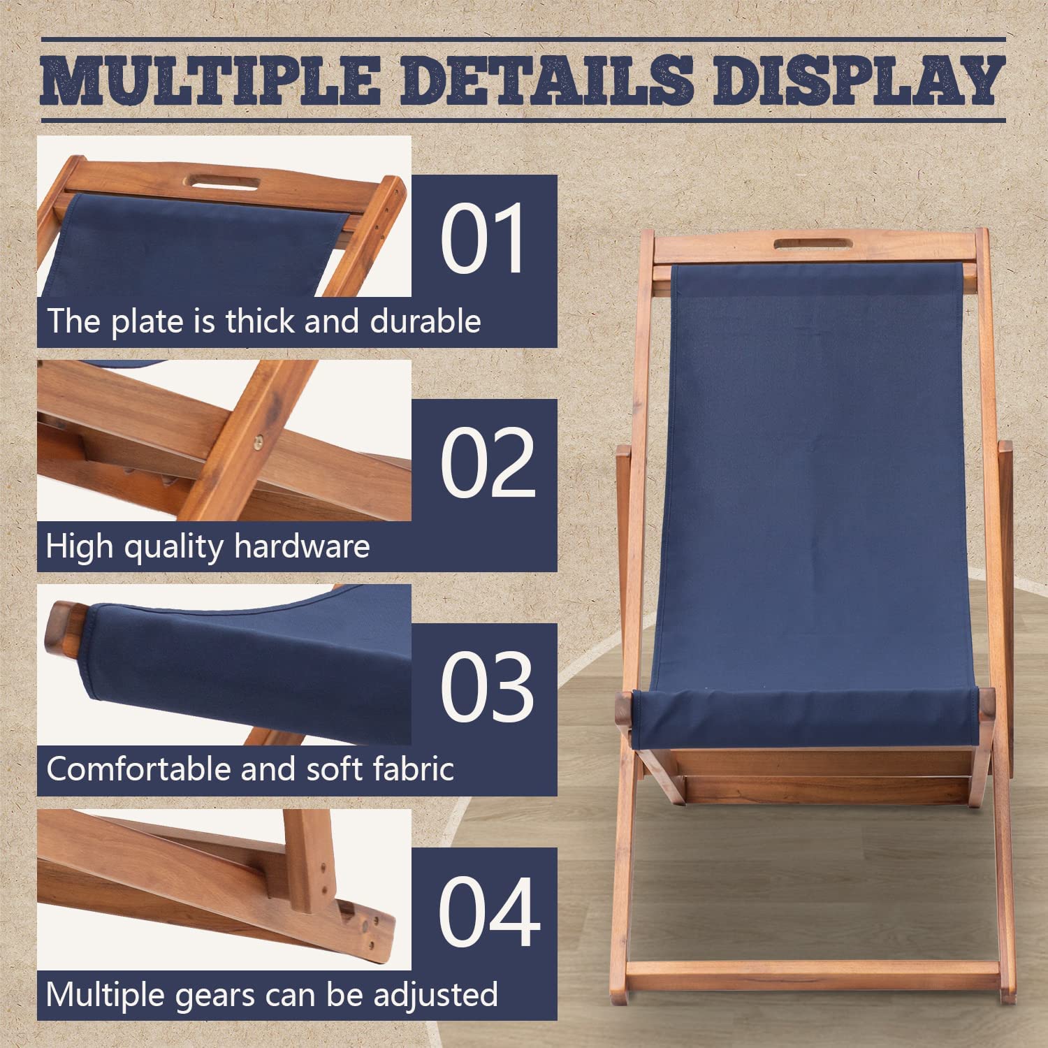 2-Pack Adjustable Wooden Folding Beach Chairs - Portable Reclining Patio Lounge Chairs for Outdoor, Backyard & Poolside - 3-Level Height Adjustable Sling Chairs for Relaxing in Sun, Sand or Garden