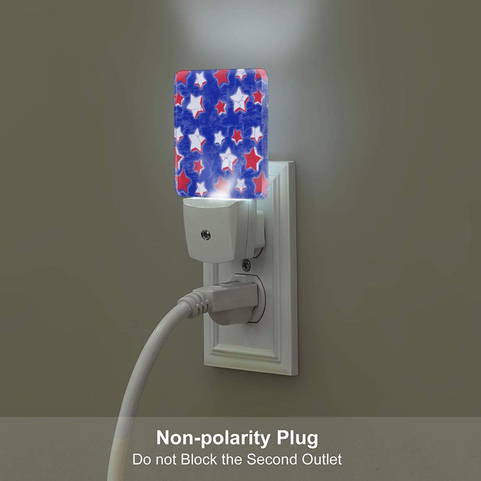 Red and White Flag Stars Plug-in LED Night Light with Auto Sensor - Set of 2 Dusk to Dawn Memorial Day Nightlights for Bedroom, Nursery, Hallway, or Bathroom
