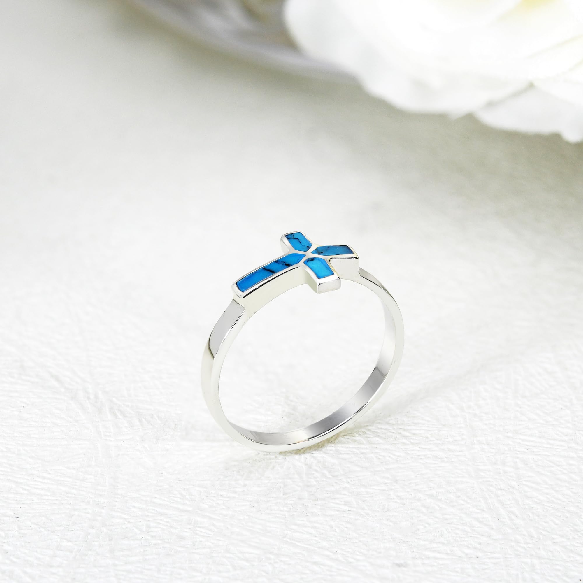 AeraVida Sideways Cross Simulated Turquoise Inlay .925 Sterling Silver Ring for Women | Classic Wedding, Religious Jewelry | Comfort Fit Casual Rings Size 6-9 | Perfect for Church, Daily Wear & Gift Giving
