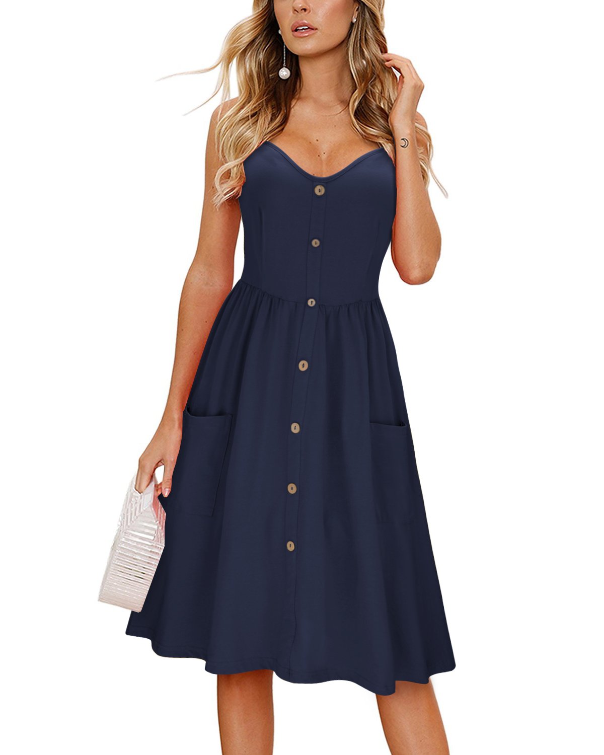 KILIG Women's Summer Dresses - Casual Button Down Spaghetti Strap & Long Sleeve Pocket Dress | Perfect for Beach Vacations, Date Nights & Summer Outings