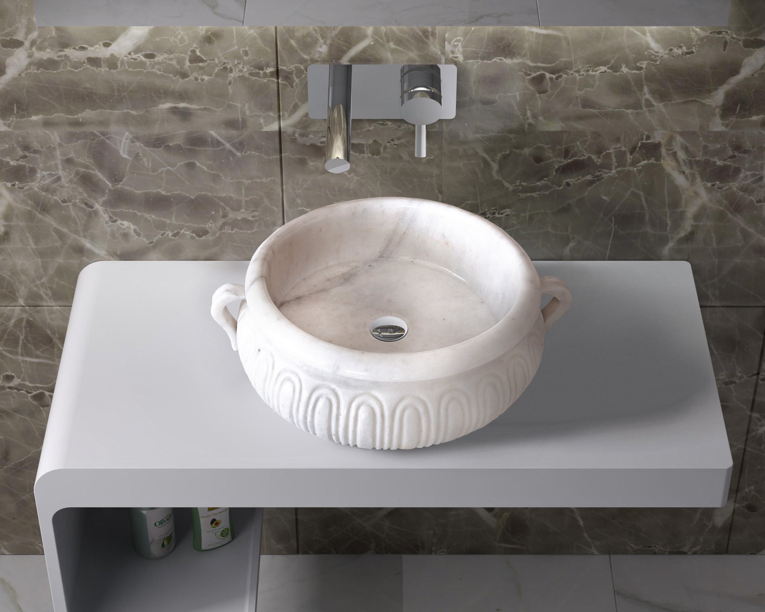 Calacatta White Marble Vessel Sink - Oval Saucepan Shape Above Counter Bathroom Vanity - Modern Luxury Bathroom Upgrade for Master Bath & Powder Room