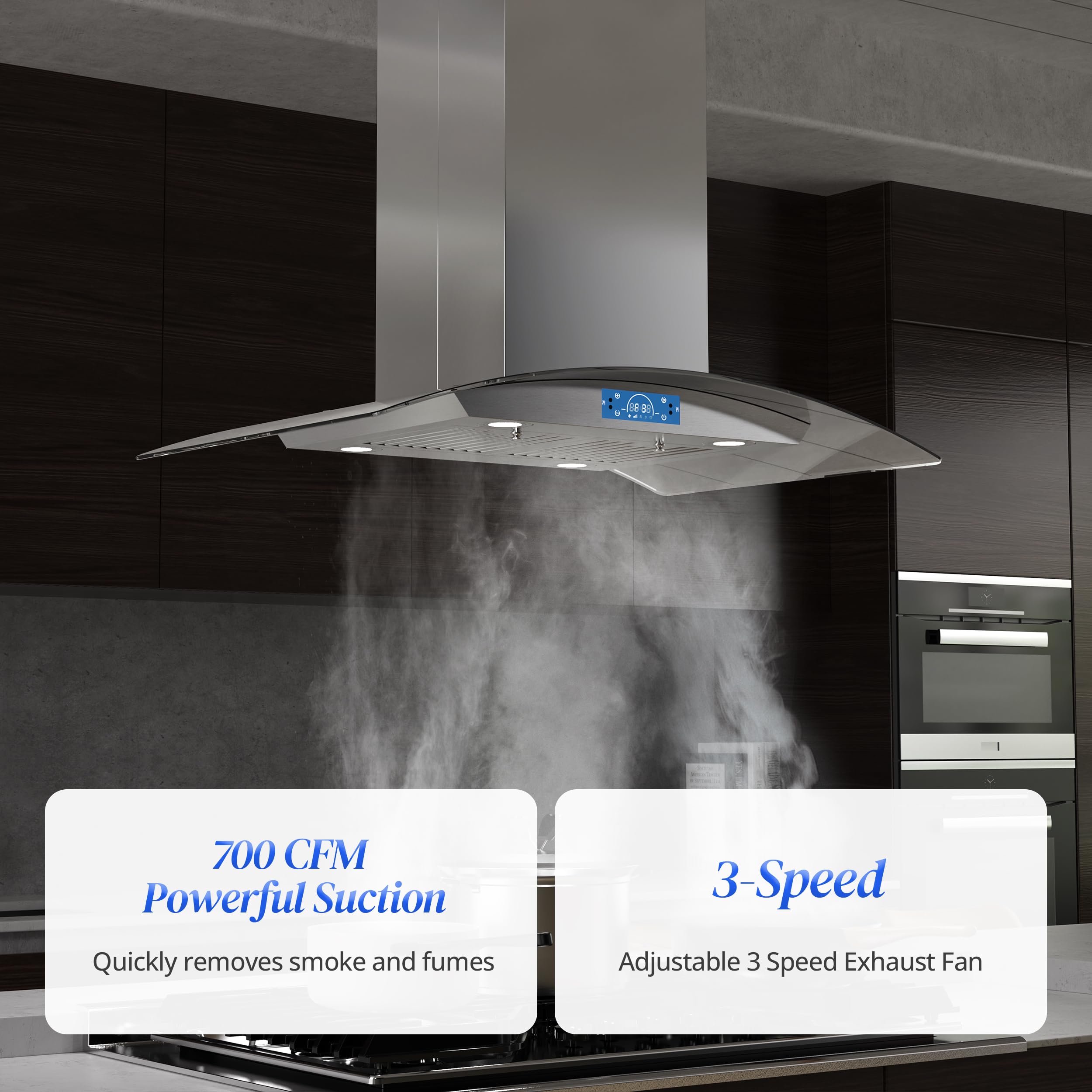 **FIREGAS 36 Inch 700 CFM Stainless Steel Island Range Hood with Tempered Glass, 4 LED Lights, 3-Speed Fan & Touch Control – Permanent & Charcoal Filters – Perfect for Modern Kitchens & Open-Concept Homes**