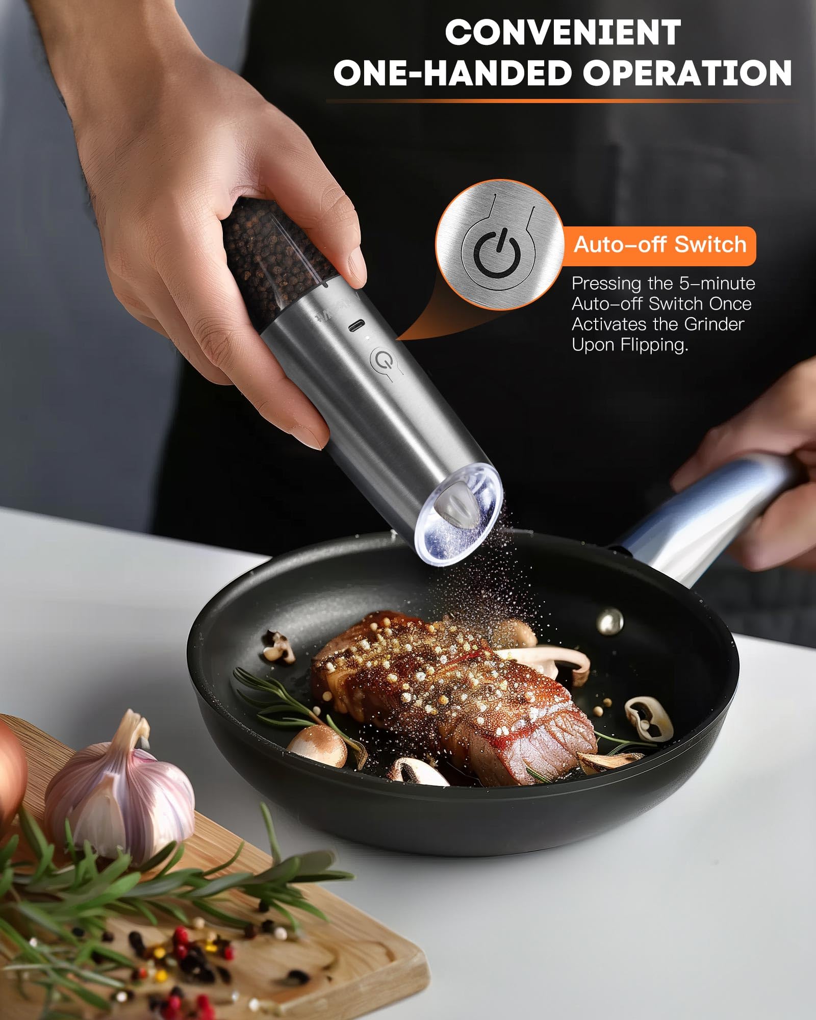 AmuseWit USB Rechargeable Electric Salt and Pepper Grinder Set - Adjustable Coarseness, One-Hand Operation, Stainless Steel Mills with White LED Light - Perfect for Kitchen, Dining Table & Outdoor BBQ