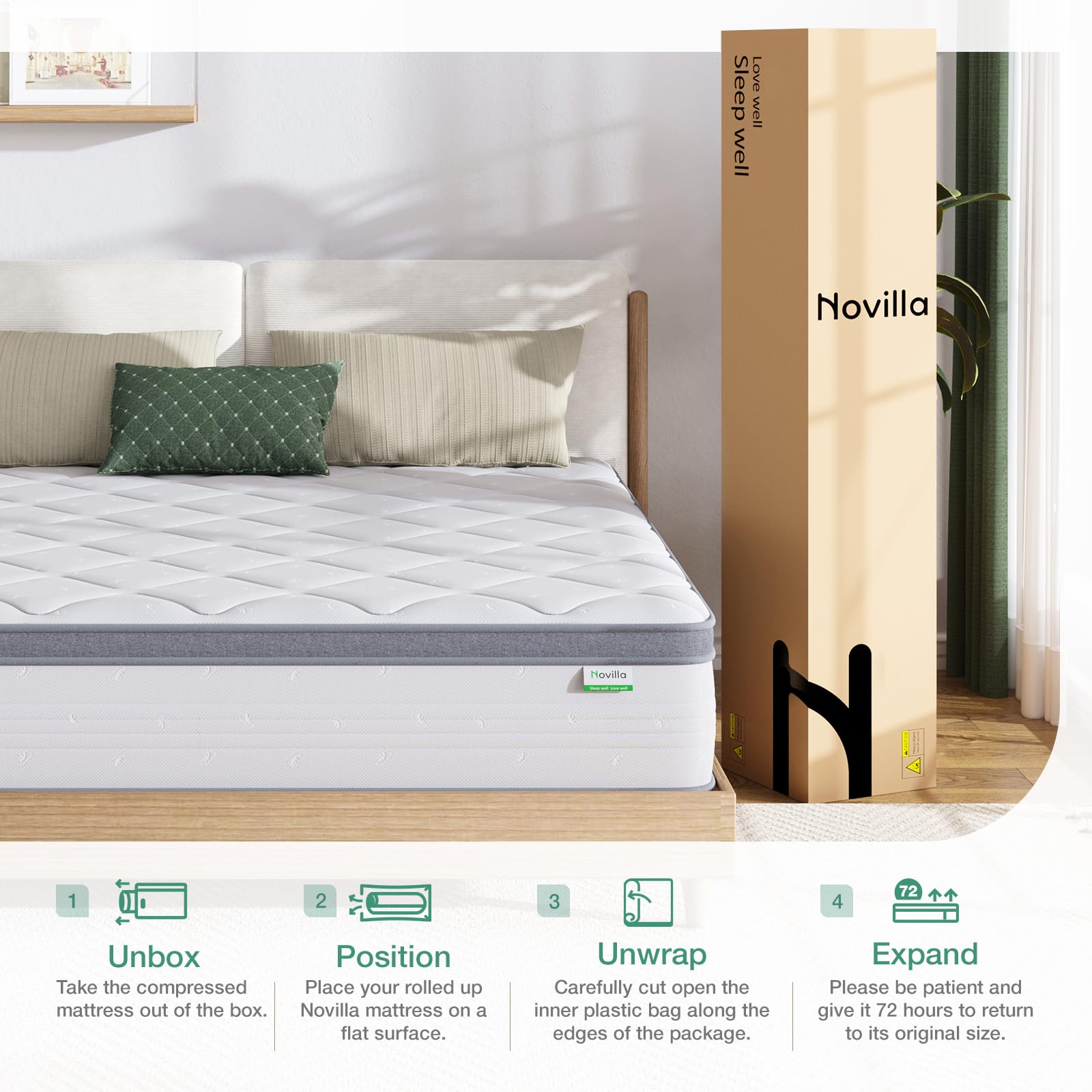 Novilla 12 Inch Hybrid Full Size Mattress - Memory Foam & Innerspring Support for Pressure Relief, Medium Soft Feel, Bed in a Box - Perfect for Back Pain Relief & Comfortable Sleep in Guest Rooms or Apartments