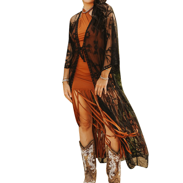 Women's Western Embroidered Mesh Lace Duster Cardigan - Boho Chic Open Front Cover Up for Spring & Summer - Perfect for Music Festivals, Beach Cover-Ups, and Casual Outfits