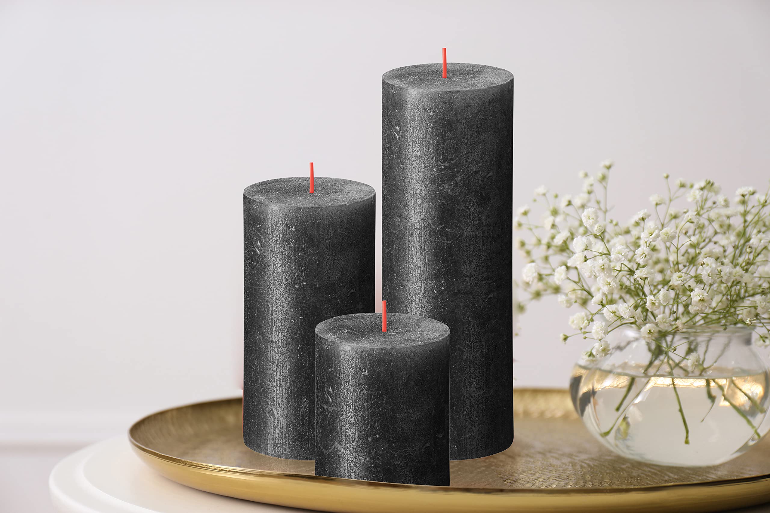 BOLSIUS Anthracite Black Shimmer Metallic Pillar Candles 4 Pack - 2.75 x 5 Inches - Unscented Dripless 60-Hour Burn Time - Premium European Quality Plant-Based Wax Candles for Wedding, Dinner Party, Holiday & Home Decor