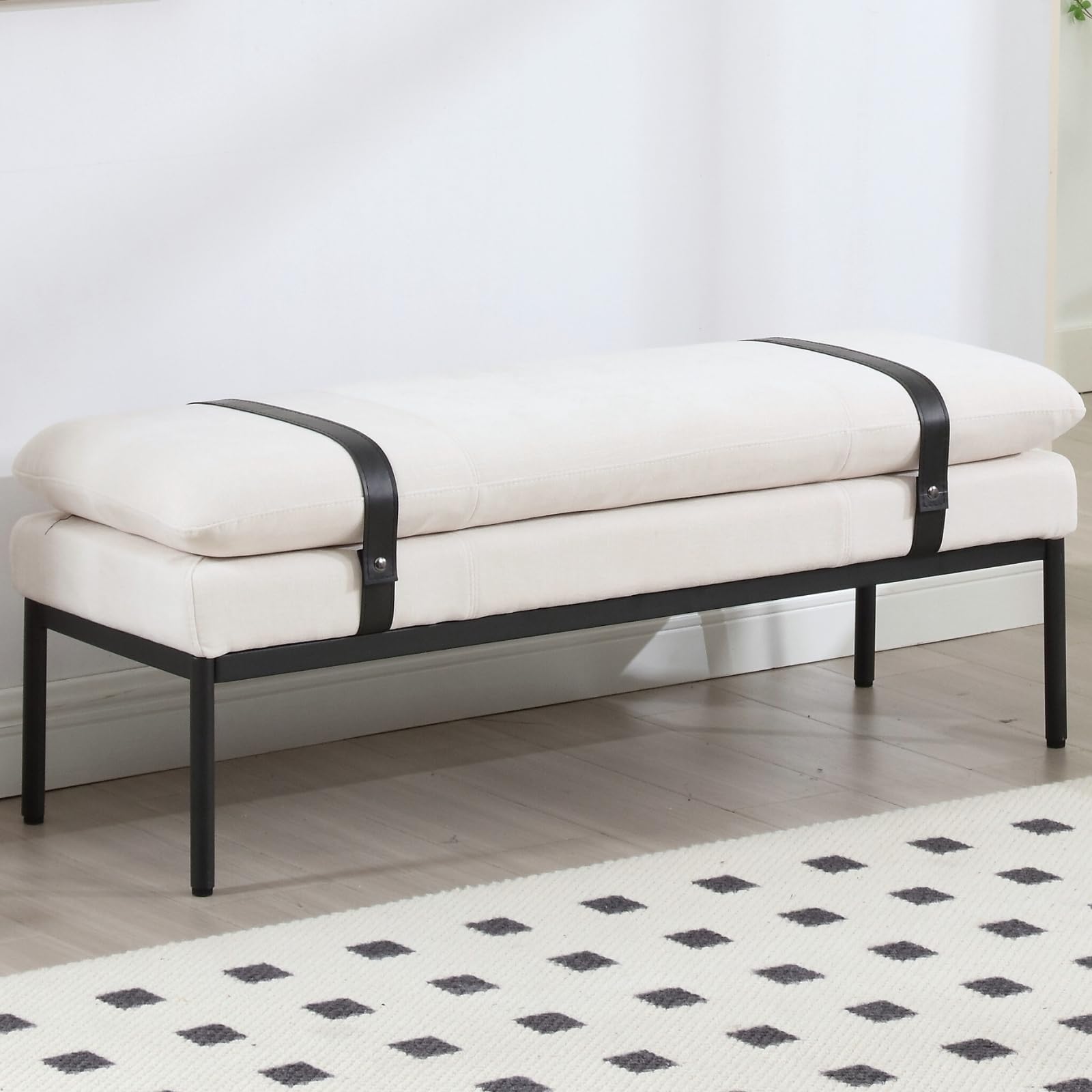 DUOMAY Modern Chenille Ottoman Bench with PU Straps & Metal Legs - Mid Century Style Entryway Bench, Shoe Storage, Dining Table Bench for Living Room & Bedroom - Soft Beige Fabric, Durable & Stylish Home Decor