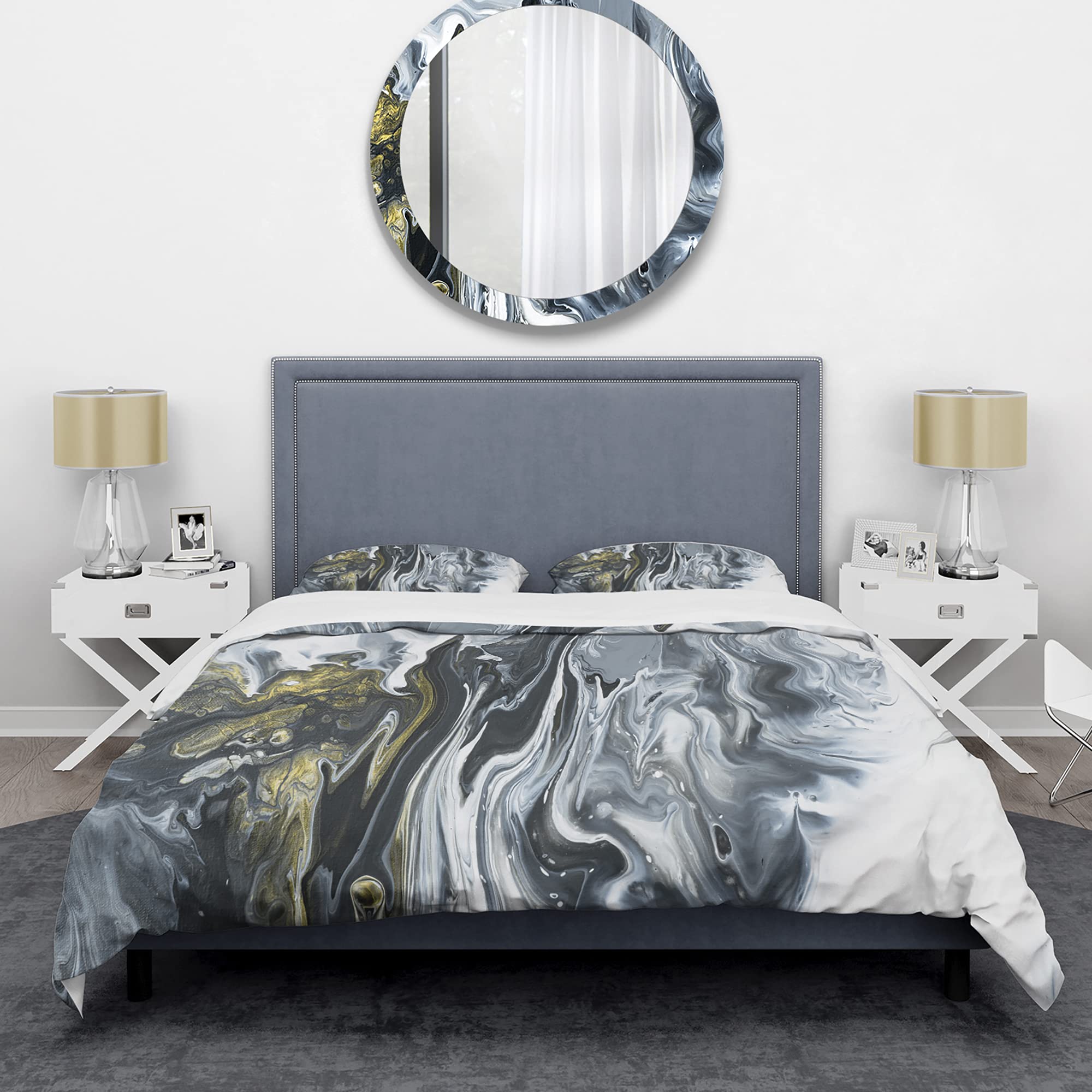 DesignQ Hand-Painted Marble Acrylic Duvet Cover Set - Mid-Century Modern Style in White & Grey | Perfect for Bedroom Decor, Guest Room & Luxury Hotel Styling