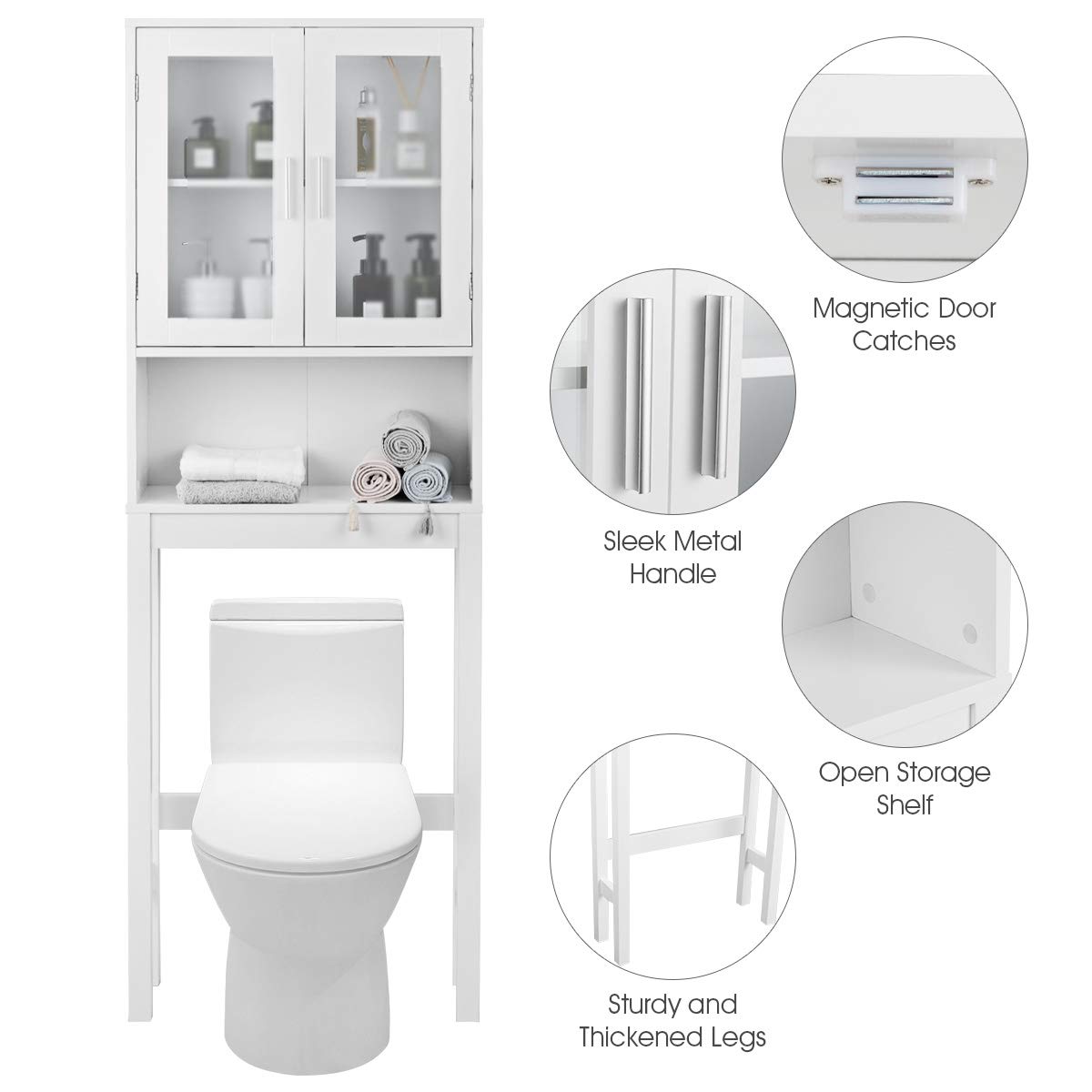 Wooden Over The Toilet Storage Cabinet - Double Door Bathroom Organizer with Adjustable Shelf, Freestanding Space Saver for Bath Essentials - Perfect for Small Bathrooms, Apartments & Powder Rooms