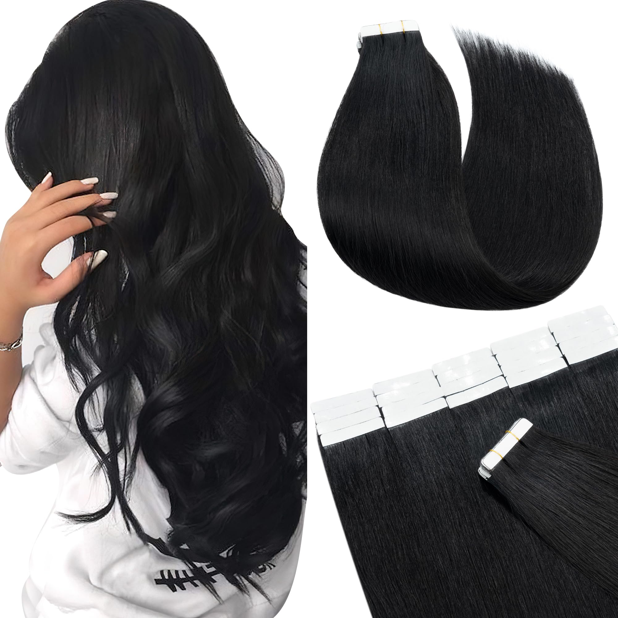 SEGO Tape In Human Hair Extensions 20pcs Jet Black 20