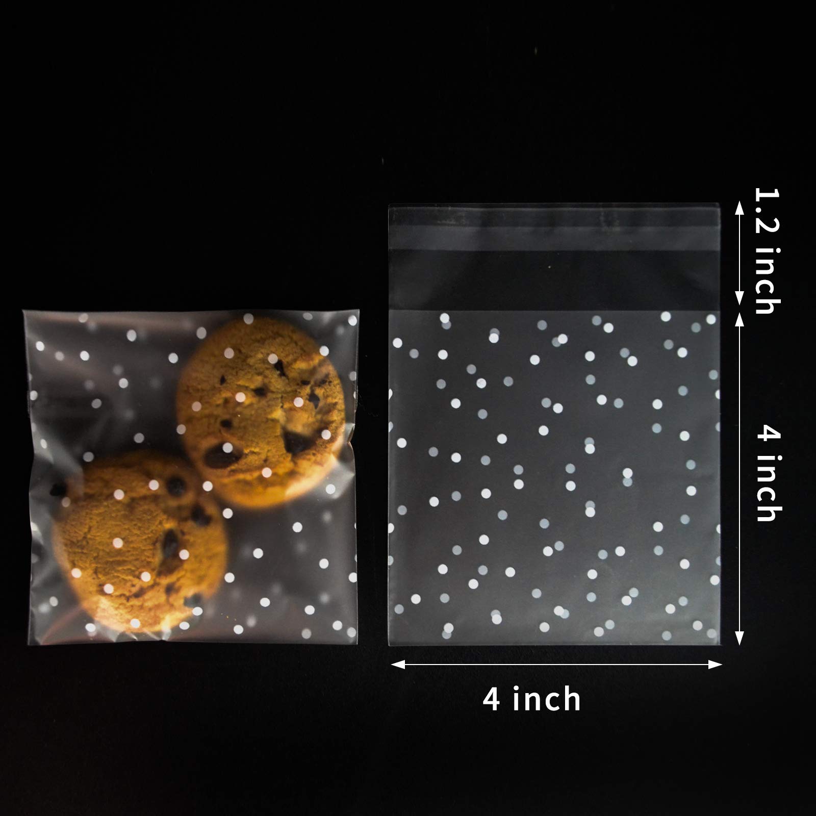 Lifelum 200 Pcs 4x4 Inch Self-Adhesive Clear Cookie Bags - White Polka Dot Cellophane Treat Bags for Bakery, Candy, Chocolate & Party Favors | Perfect for Gift Giving, Birthday Parties & Holiday Treats