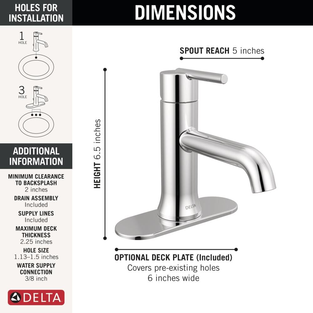 Delta 559LF-MPU Trinsic Single-Handle Bathroom Sink Faucet with Drain Assembly in Chrome Finish - Perfect for Modern Bathrooms & Powder Rooms