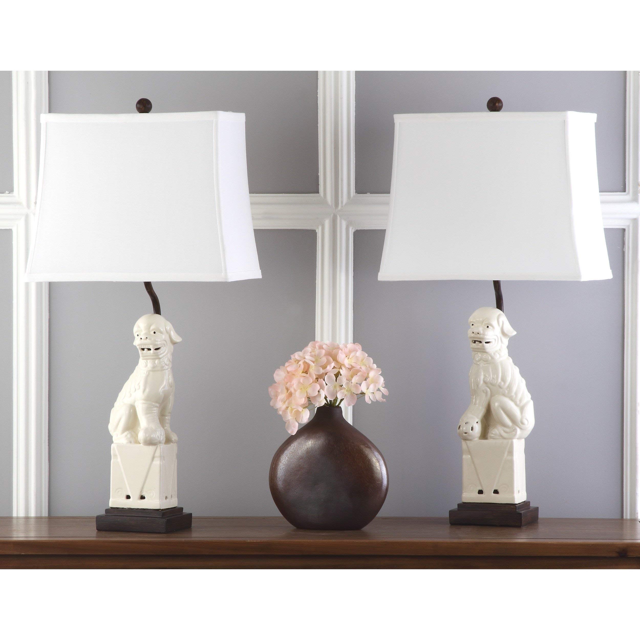 Fu Dog Lamp Set of 2 - Chinese Ceramic Guardian Statue Lighting for Home Decor