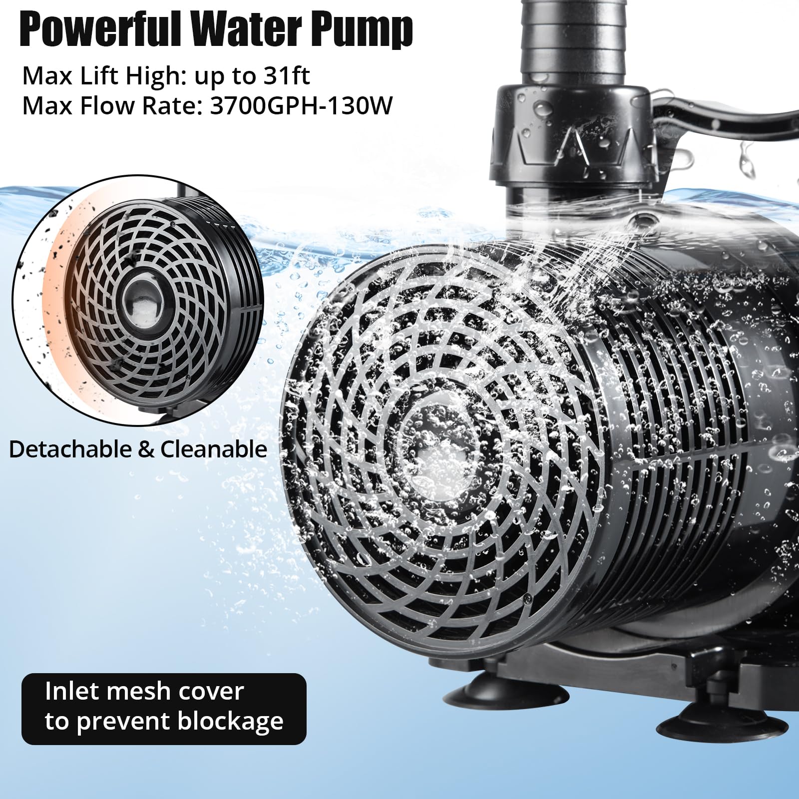 GARVEE 130W 3700GPH Submersible Water Pump for Ponds, 31Ft Lift Height with 16Ft Power Cord - Ideal for Waterfalls, Fountains, Aquariums & Hydroponics | Outdoor Garden, Fish Tank & Water Feature Pump