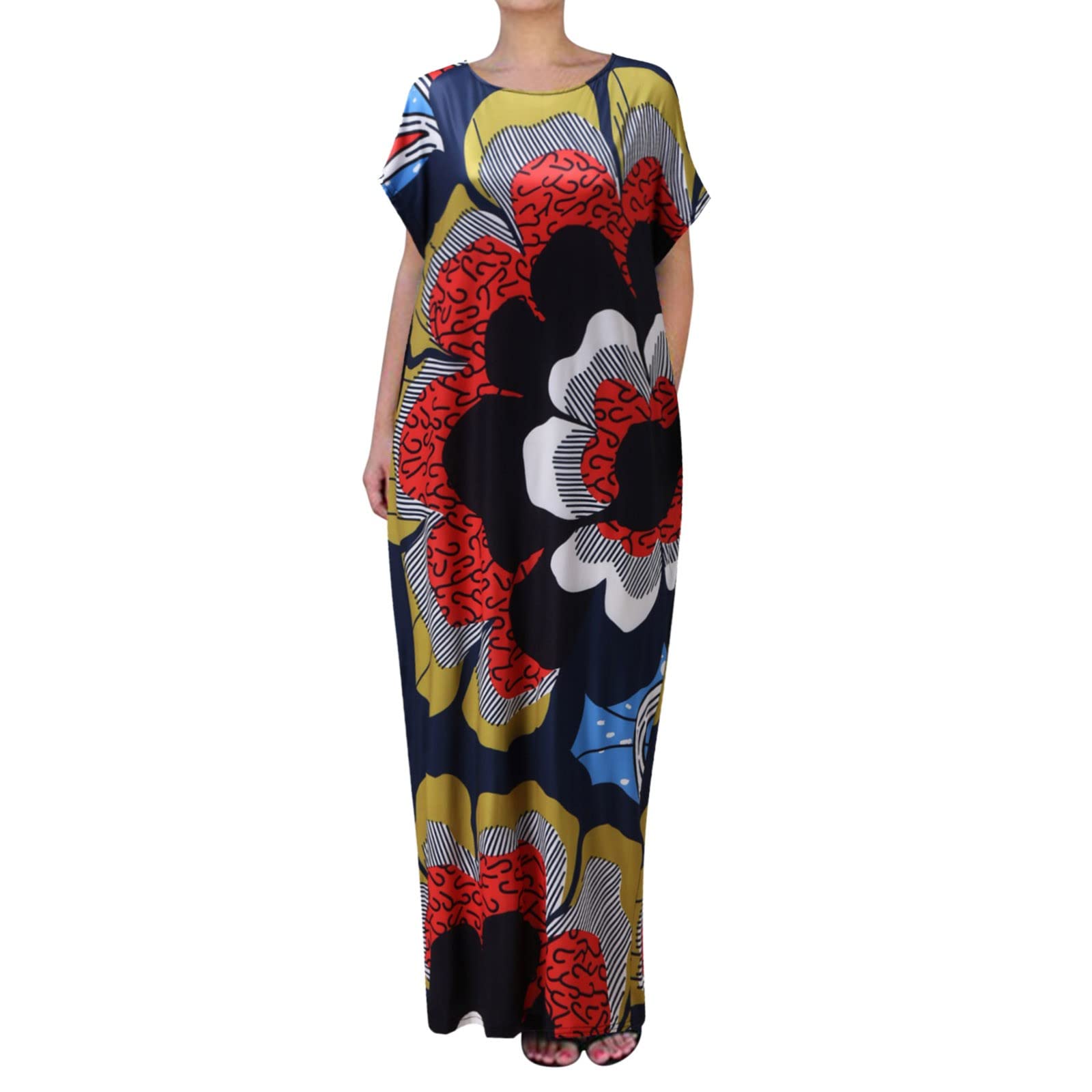 MOMKER Women's Casual Boho Floral Print Short Sleeve Dress - Loose Fit Round Neck Pocket Sundress for Beach Vacation, Summer Outing & Holiday Wear