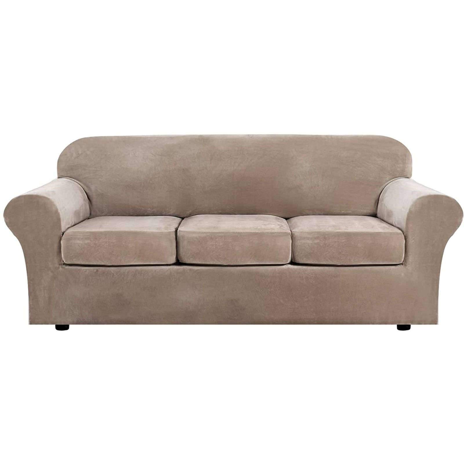 JHLD 4-Piece Velvet Stretch Sofa Cover - Soft Machine Washable Couch Slipcover for 3-Cushion 3-Seater Furniture Protector in Taupe | Perfect for Living Room, Apartment & Home Decor